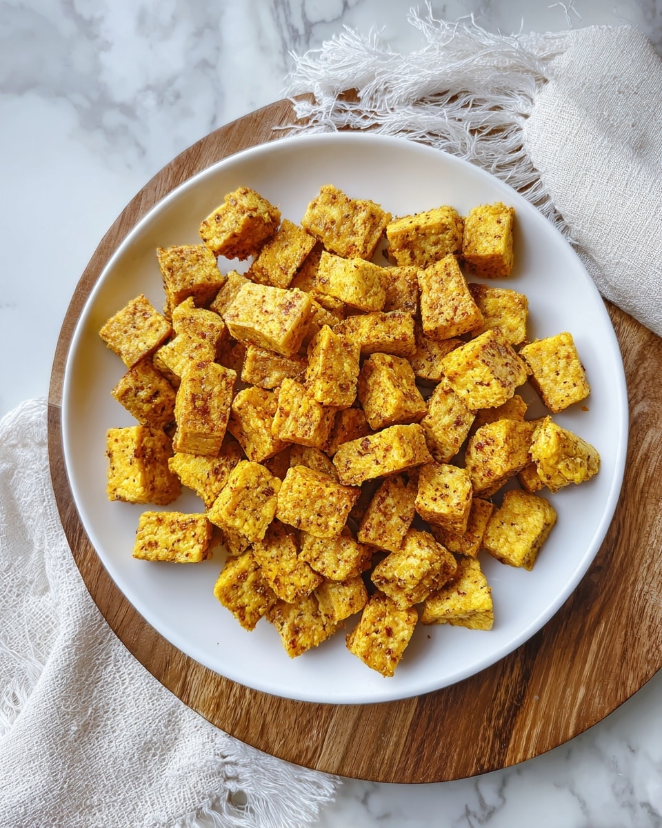 The image shows eleven rectangular pieces of light golden brown tofu placed on a metal cooling rack. Each tofu piece has a slightly rough, uneven surface texture and is spaced apart on the grid of the rack. The rack sits on a white marbled surface, providing a clean and bright background for the tofu pieces. The tofu blocks are firm and rectangular, with clear edges and flat tops, arranged randomly but evenly spaced. Photo taken with an iphone --ar 4:5 --v 7