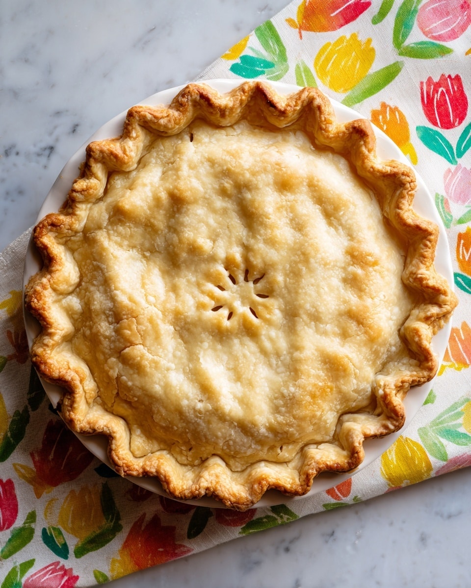 A round pie with a thick, beige crust sits centered on a white marbled surface. The crust edge is crimped with an uneven, hand-pressed pattern all around. The top layer of dough is smooth but shows slight cracks and has five small slits arranged in a flower pattern near the center for ventilation. The pie rests on a colorful cloth decorated with rows of simple tulip shapes in green, red, orange, yellow, and pink. photo taken with an iphone --ar 4:5 --v 7