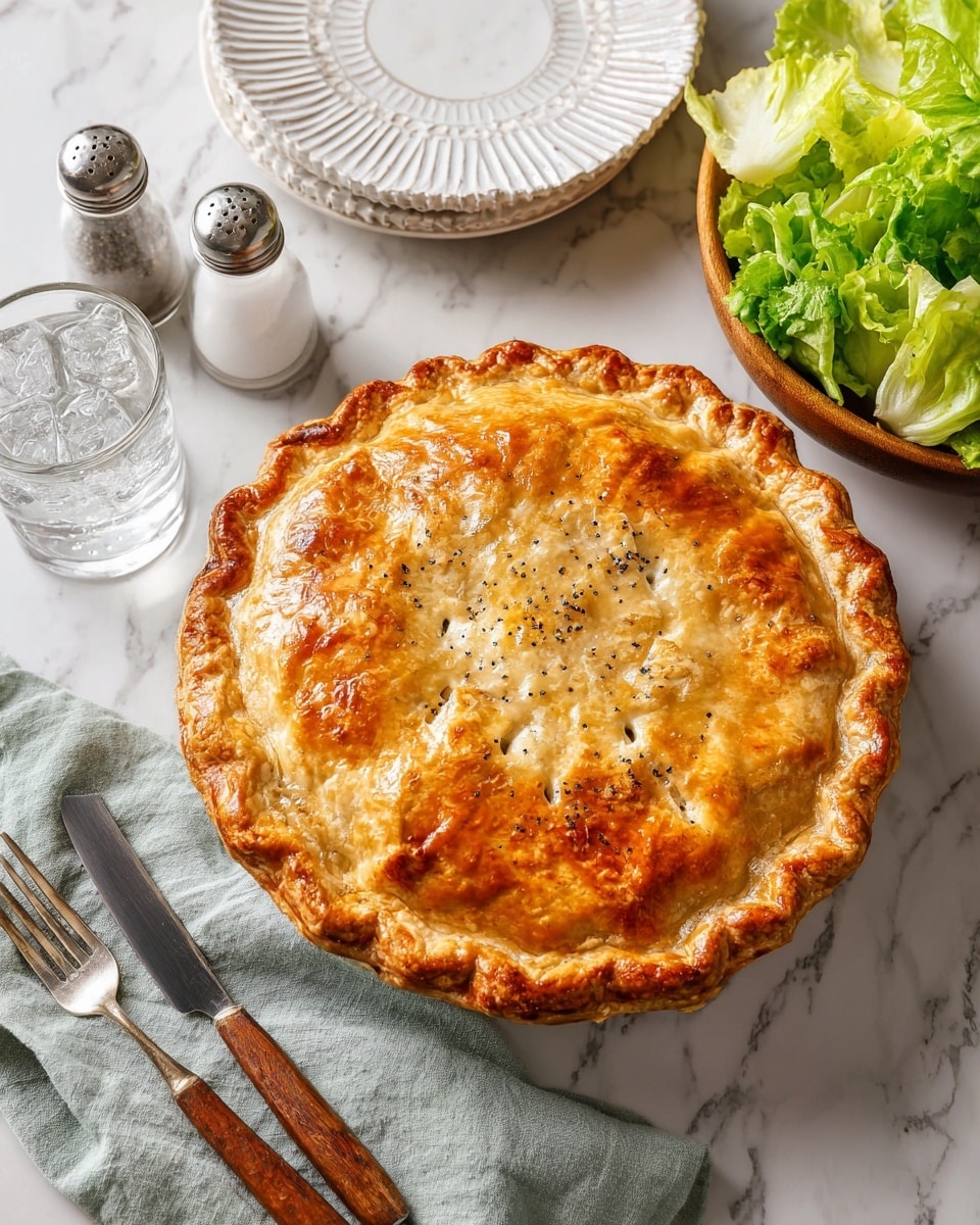The image shows a white plate with a decorative edge, holding one slice of golden-brown pot pie with a flaky crust on top. The pot pie filling is creamy and light beige, with visible small green peas and orange carrot pieces mixed inside. The slice is placed in the center of the plate, slightly overlapping some filling spilling from the cut. To the upper right, a whole pot pie with a similarly browned crust sits on a cooling rack, with a wedge missing, revealing the same creamy vegetable filling inside. On a white marbled surface around the plate, there are two green-tinted glasses filled with ice water, a folded gray cloth napkin with silver cutlery on top, and salt and pepper shakers. In the lower right corner, part of a wooden bowl holding green leafy lettuce is visible. The setting looks bright and fresh. Photo taken with an iphone --ar 4:5 --v 7