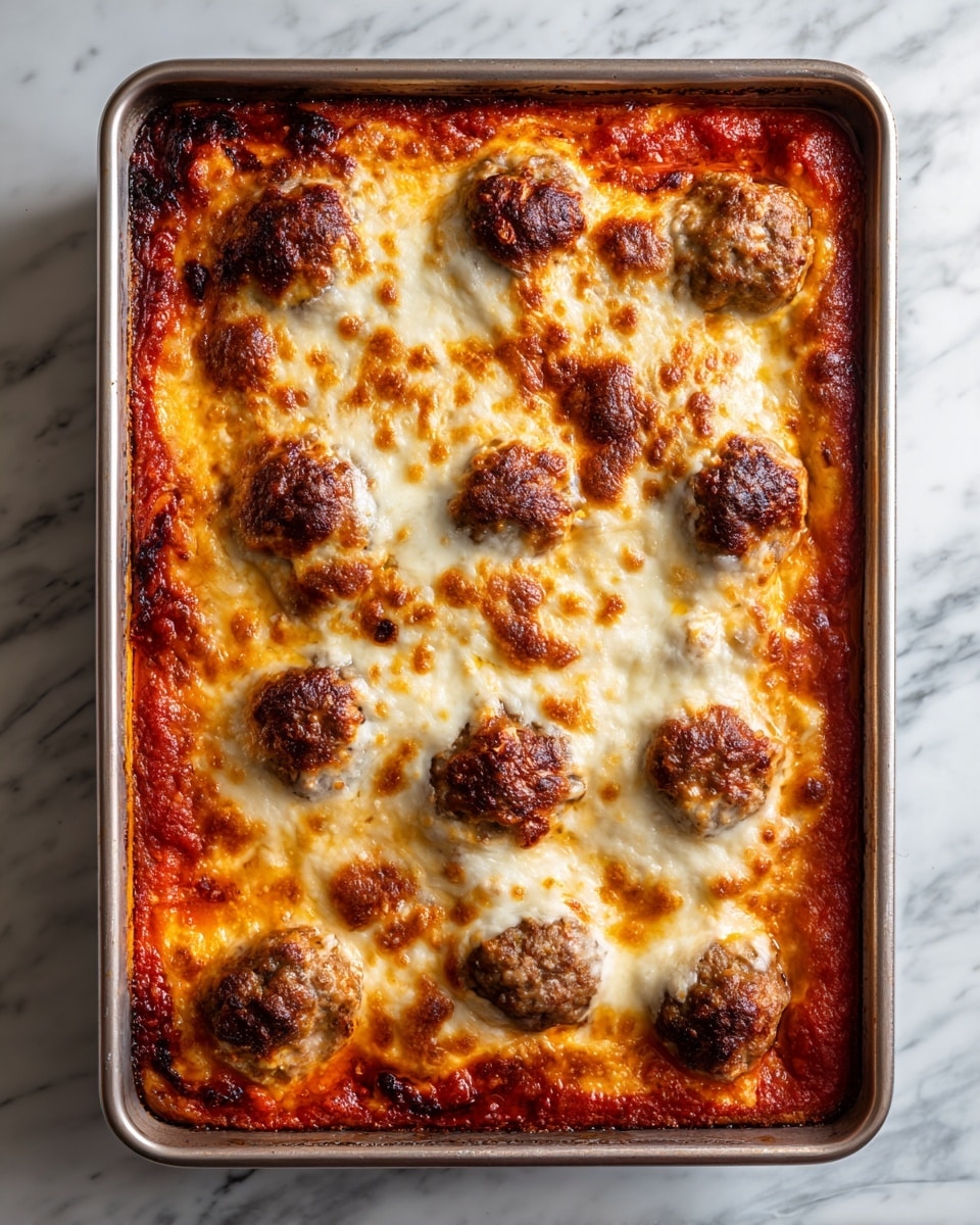 A rectangular metal baking tray holds a baked dish with visible layers. The bottom layer is a smooth, bright red tomato sauce. On top of the sauce, there are several browned meatballs scattered evenly across the surface. A thick layer of melted white cheese covers the meatballs and much of the sauce, showing a slightly browned and bubbly texture in some spots. The edges of the dish reveal the sauce peeking out beneath the cheese. The background has a white marbled texture. photo taken with an iphone --ar 4:5 --v 7