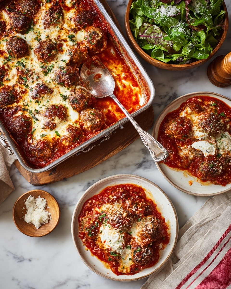 A glass square dish filled with baked meatballs covered in thick red tomato sauce, topped with melted golden-brown cheese that has some darker crisp spots scattered evenly on top. The sauce peeks through in many places, showing a rich red color mixed with the creamy white cheese. The dish sits on a green textured fabric, next to a stack of four white plates on a white marbled surface. The texture of the sauce looks thick and chunky, and some browned parts of the cheese create a slightly rough top layer. photo taken with an iphone --ar 4:5 --v 7