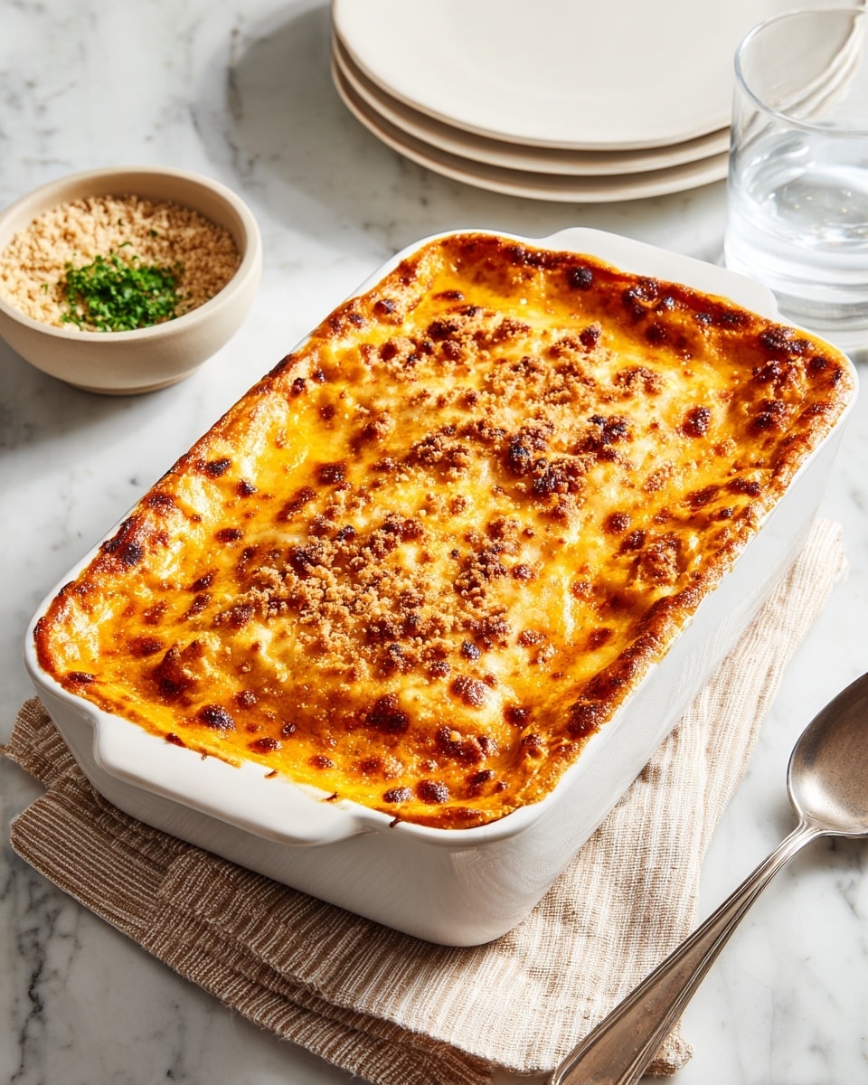 A rectangular white baking dish filled with a golden-orange baked casserole, having a top layer that is slightly browned and crisp, with a smooth and textured surface showing small browned spots and crumbly bits sprinkled over it. The dish rests on a beige and white striped cloth on a white marbled surface. Nearby, there is a small white bowl with a grainy off-white topping and some green herbs next to it. To the right, there is a plain white plate with a silver spoon on it. Photo taken with an iphone --ar 4:5 --v 7