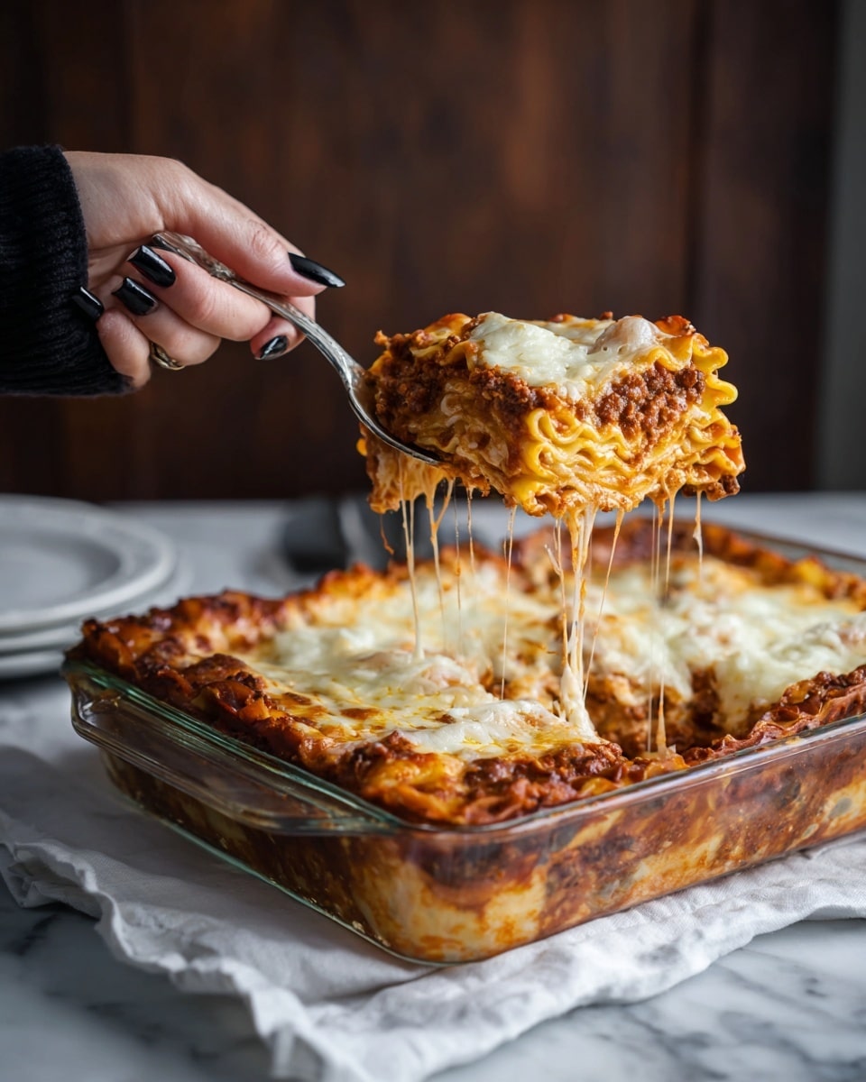 A close-up of a piece of lasagna on a white plate, showing multiple layers stacked thickly. The bottom layer is pale yellow pasta, followed by a reddish-brown sauce mixed with bits of green spinach and cheese. The middle layers combine more pasta, sauce, and spinach, topped with a melted, light golden cheese layer that has some darker melted spots. The lasagna looks soft and moist with visible textures of pasta sheets and cooked spinach. The background is a white marbled texture. photo taken with an iphone --ar 4:5 --v 7