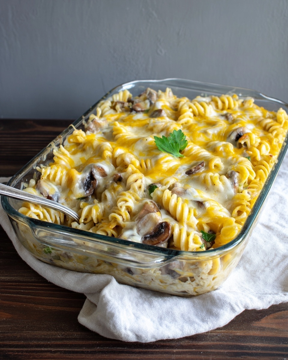 The image shows a close-up view of a baked pasta dish served in a clear glass baking dish with a white cloth napkin beside it. The pasta has two main layers: the bottom layer consists of wide egg noodles mixed with creamy white sauce, visible slices of brown mushrooms, and small pieces of green celery; the top layer is a thick covering of melted golden-orange cheese with a slightly bubbly texture. A portion of the pasta is plated on a white round plate, arranged softly with noodles, cheese, celery bits, and mushroom slices, garnished with a small green basil sprig on top. A silver fork rests on the plate, partly inside the pasta. The dish is placed on a dark wooden surface with a white marbled texture background partially visible. photo taken with an iphone --ar 4:5 --v 7