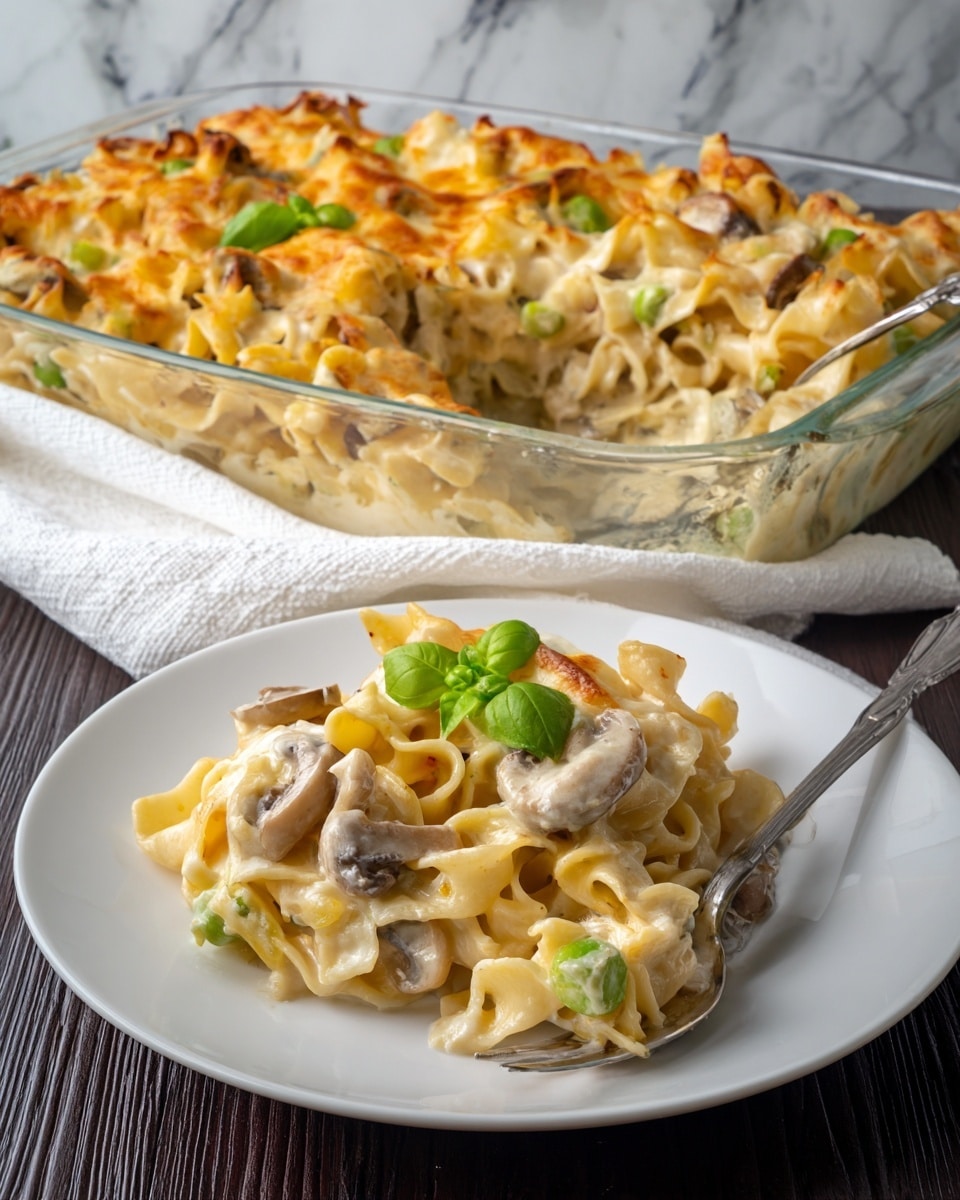 A serving of cheesy noodle casserole sits on a white plate with twisted egg noodles forming the base layer, creamy sauce coating the noodles, and melted orange-yellow cheese drizzled on top giving a bubbly texture. Pieces of browned mushrooms and small chunks of light green vegetables are mixed evenly through the layers. A fresh dark green basil sprig crowns the dish at the center. A silver fork rests partially in the food on the plate. In the background, a clear glass baking dish holds the rest of the casserole, all placed on a white marbled surface with a beige checkered cloth nearby. Photo taken with an iphone --ar 4:5 --v 7