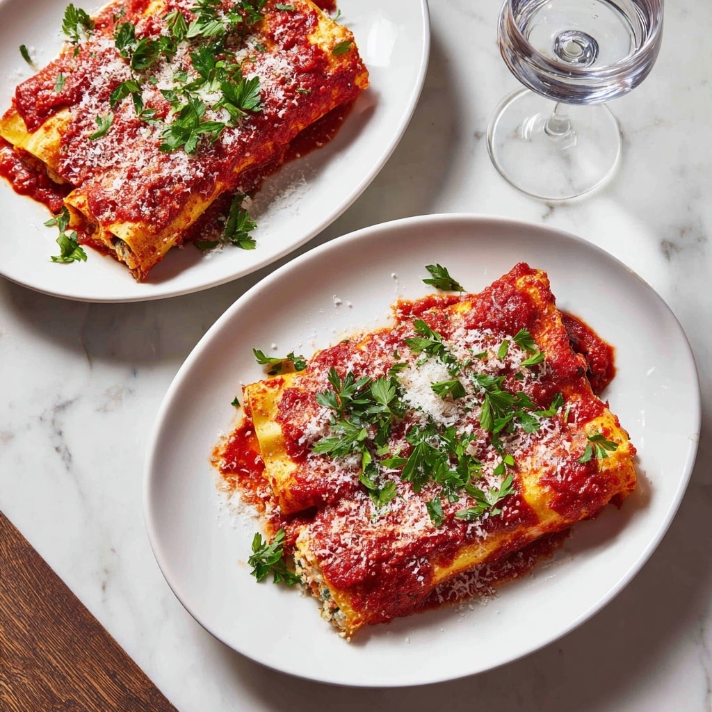 Two white plates hold baked cannelloni pasta placed on a wooden table. Each plate has two long pasta tubes filled and covered in bright red tomato sauce. The pasta tubes are topped with white grated cheese and fresh green parsley leaves scattered over them. The edges of the sauce are slightly browned and melted, showing the baked texture. One plate is close in the front with a clear view of the layers, while the second plate is further back along with the stem of a clear glass. The surface beneath the plates is a white marbled texture. photo taken with an iphone --ar 4:5 --v 7