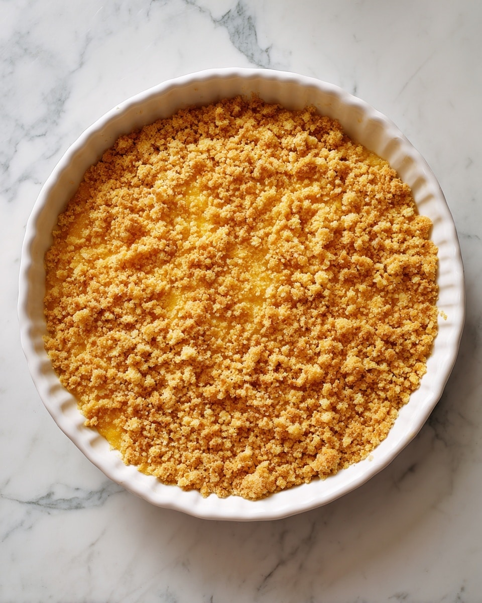 A round white ceramic dish filled with a baked casserole that has a golden yellow crumb topping, which looks crispy and evenly spread across the top. The surface shows slight variations in yellow shades, indicating a crunchy texture. The white ceramic dish has ridged sides and is placed on a white marbled surface. photo taken with an iphone --ar 4:5 --v 7