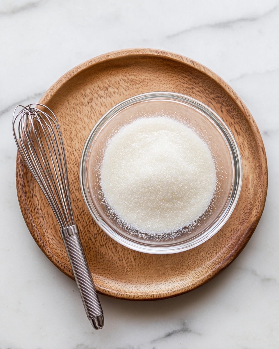 A clear glass bowl filled with a light, grainy white mixture sits in the middle of a round white plate with a wood texture. To the left of the bowl, a metal whisk with a silver handle rests on the plate. The whole setup is placed on a white marbled surface. The lighting highlights the texture of the mixture inside the bowl and the shine on the metal whisk. photo taken with an iphone --ar 4:5 --v 7