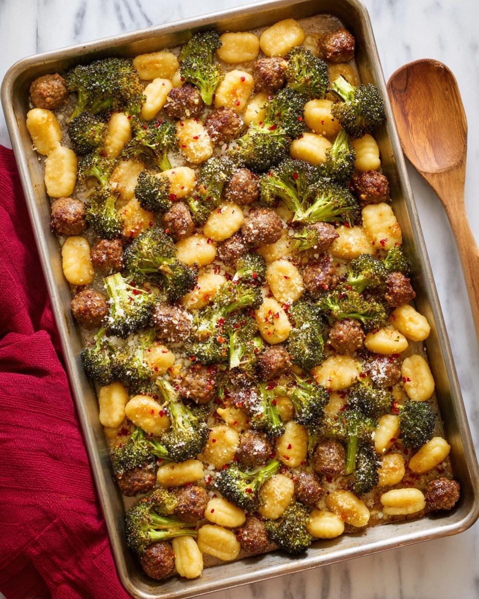 The dish shows a white ceramic plate filled with three main layers: bright green broccoli florets with charred edges, golden-brown gnocchi pieces, and small browned sausage chunks, all mixed together. The vegetables and sausages look lightly seasoned with some visible red pepper flakes and grated cheese sprinkled on top. A silver fork is placed on the right side of the plate, resting on a deep red cloth beneath the plate, all set on a white marbled surface. In the background, there is a wooden bowl with grated cheese and part of another white bowl containing more of the same dish, softly blurred. Photo taken with an iphone --ar 4:5 --v 7