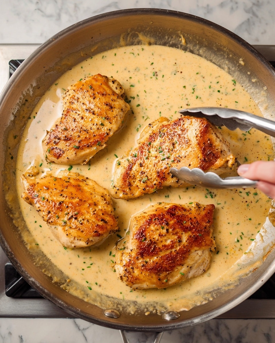 The image shows four golden-brown cooked chicken pieces inside a large silver pan with smooth creamy sauce covering the base of the pan. The chicken is well seared with a slightly crispy surface, sprinkled with black pepper and tiny green herbs. A pair of silver tongs held by a woman's hand are lifting one piece. The pan is placed on a stove with a white marbled texture nearby. The sauce has a light beige color and looks thick and rich, slowly bubbling around the chicken pieces. photo taken with an iphone --ar 4:5 --v 7