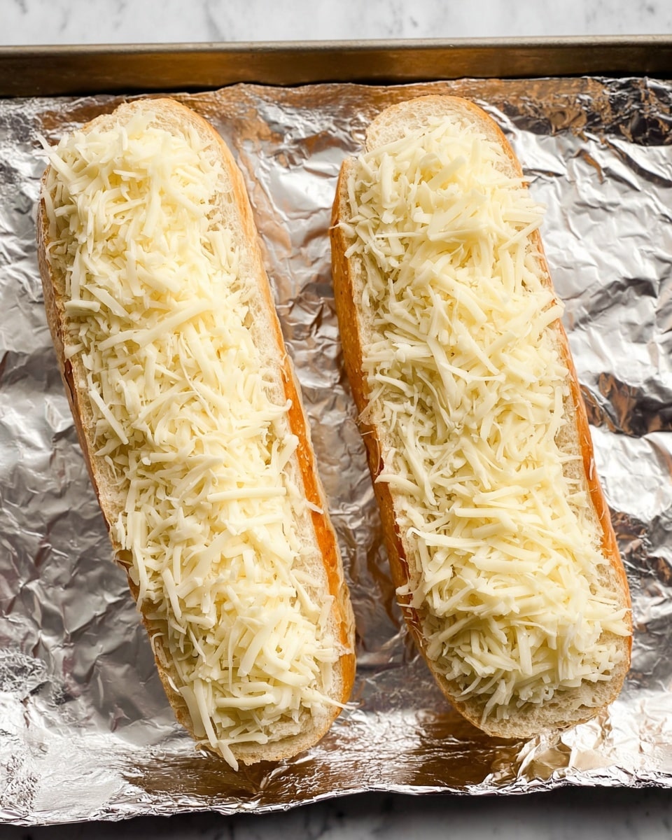The image shows two long halves of bread placed side by side on aluminum foil that lines a baking tray. Each bread half has one layer of shredded white cheese spread evenly on top, covering the entire surface. The bread crust is golden-brown, while the inside is soft and light beige. The shiny silver aluminum foil contrasts with the pale bread and cheese. The background is a white marbled texture. photo taken with an iphone --ar 4:5 --v 7
