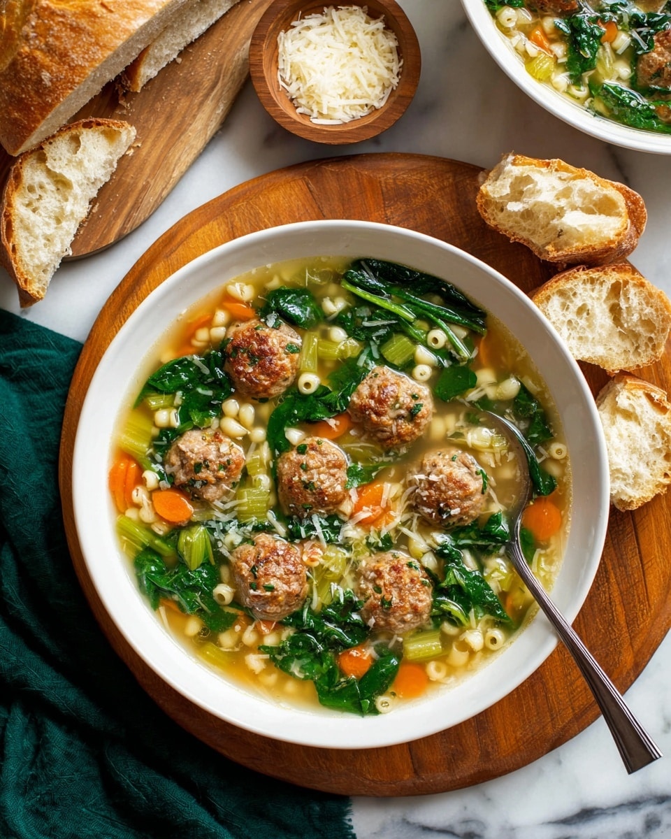 The image shows a close-up of a pot filled with clear broth soup, featuring several small brown meatballs with a slightly textured surface. The soup contains bright orange carrot pieces, dark green spinach leaves, small pale yellow pasta pearls, and bits of green celery and onion. A metal ladle is scooping a portion of the soup, holding meatballs, spinach, carrots, and pasta pearls, showing a rich and vibrant mix of colors and textures. The pot is on a white marbled surface. Photo taken with an iphone --ar 4:5 --v 7