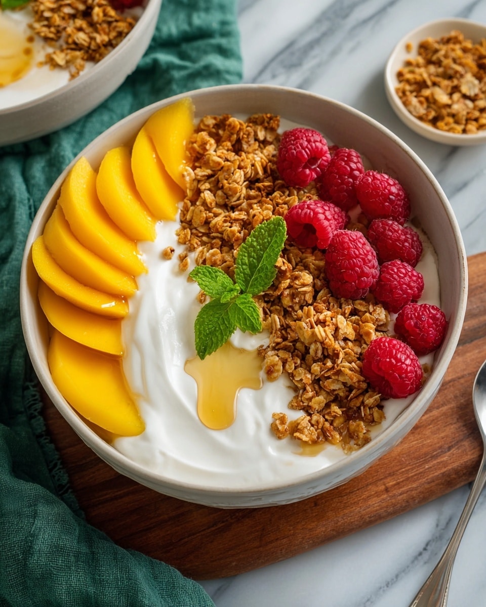 A blue bowl filled with three main layers: on the right side, thin slices of bright yellow mango arranged in a neat row; on the left side, white creamy yogurt with a smooth texture, drizzled with light golden honey; scattered on top are crunchy granola pieces in golden brown and several fresh red raspberries clustered near the center; a small green mint leaf adds a pop of color on top. The bowl rests on a wooden board with some granola scattered nearby. A silver spoon lies to the right of the bowl, and a green cloth is folded to the left on a white marbled surface photo taken with an iphone --ar 4:5 --v 7