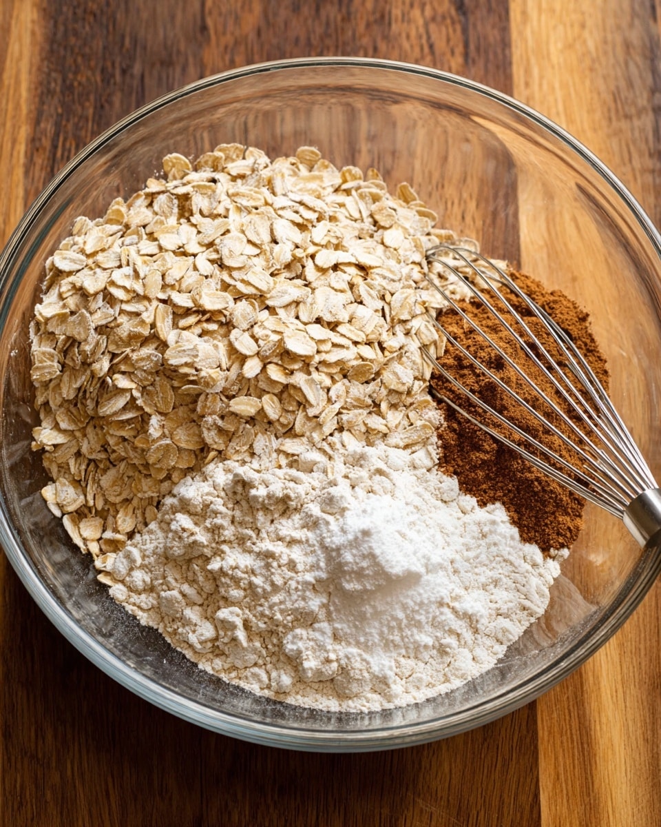 A clear glass bowl sits on a wooden surface, filled with four dry ingredients in separate piles. On the left, there is a large layer of light beige rolled oats with a rough texture. To the right of the oats, there is a pile of white flour that looks soft and powdery. Next to the flour, a small amount of white baking powder or sugar with a fine, smooth surface is visible. Above these, there is a smaller layer of brown cinnamon and a bit of ground nutmeg, both with a powdery texture. A silver whisk is placed inside the bowl, partly resting on the oats and spices. photo taken with an iphone --ar 4:5 --v 7