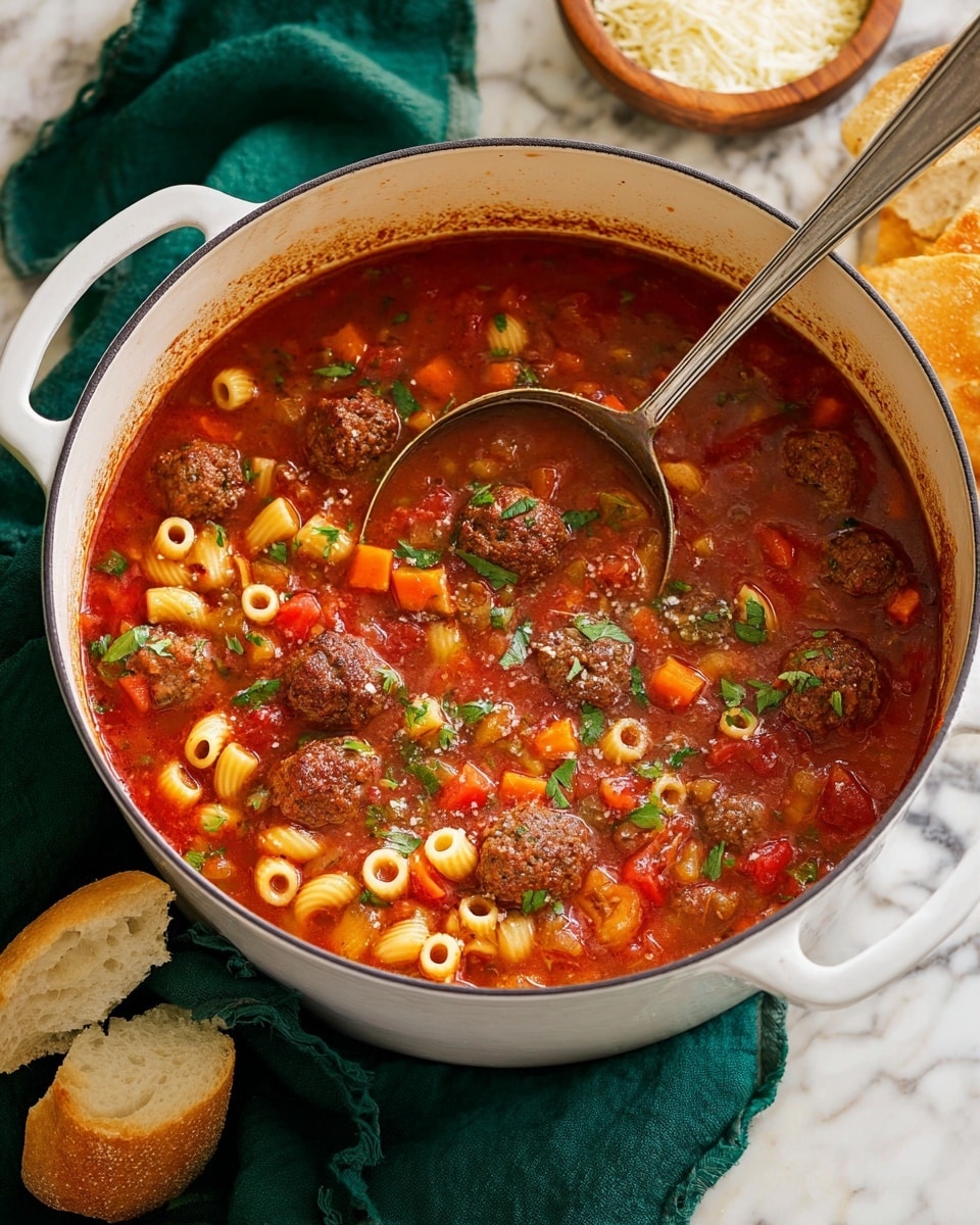 A white pot filled with a rich red tomato soup layered with small brown meatballs, diced orange carrots, small pasta tubes, and green herbs scattered on top, all sitting on a dark green cloth over a white marbled surface, with a silver ladle resting inside the pot and pieces of torn bread nearby, a small wooden bowl with grated cheese in the background photo taken with an iphone --ar 4:5 --v 7