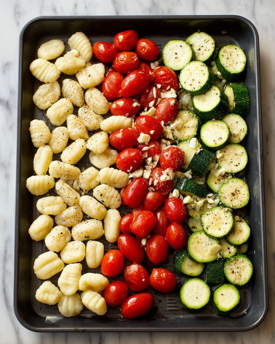 A black baking tray holds three distinct sections of uncooked food arranged side by side: on the left, there is a layer of pale yellow gnocchi, each piece plump with small ridges, sprinkled lightly with black pepper; in the middle, bright red grape tomatoes are clustered together, shiny with bits of chopped garlic scattered on top; on the right, green zucchini slices cut into half-moon shapes are laid out, some sprinkled with black pepper and garlic pieces, all sitting on a white marbled surface photo taken with an iphone --ar 4:5 --v 7