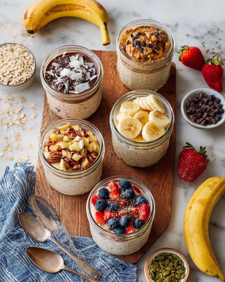 Five glass jars with different layered oat meals sit on a wooden board over a white marbled surface. The top left jar has a dark brown chocolate layer topped with light toasted coconut flakes and small dark chocolate chips. The middle left jar shows a light creamy oat layer topped with sliced yellow banana pieces and a drizzle of brown nut butter. The middle right jar has a beige oat base covered with chopped red and yellow apple pieces mixed with brown pecan nuts. The bottom left jar is layered with creamy oats and covered with bright red strawberry chunks and dark blue blueberries, sprinkled with small seeds. The bottom right jar contains a light oat layer topped with dark dried berries and green pumpkin seeds. Around the jars are whole bananas, strawberries, blueberries, small bowls with dark chocolate chips, toasted coconut flakes, oats, green pumpkin seeds, and two old silver spoons on a blue and white striped cloth. Photo taken with an iphone --ar 4:5 --v 7