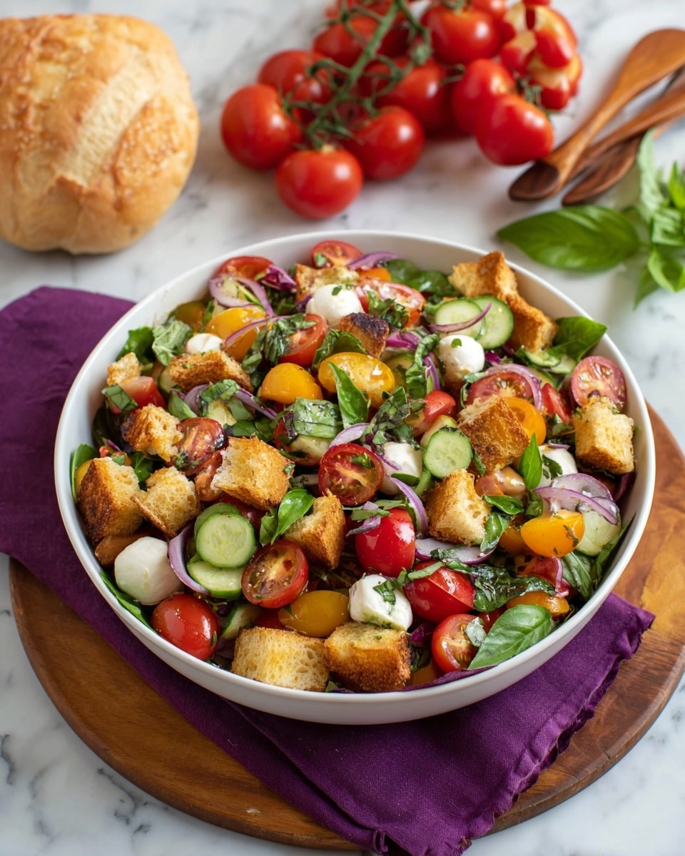 A white bowl filled with a colorful salad showing four layers: the bottom layer has green basil leaves, followed by a mix of sliced red and yellow cherry tomatoes adding bright reds and yellows. The third layer contains fresh cucumber slices and small white mozzarella balls, adding white and green tones. The top layer has golden-brown crunchy croutons spread evenly, with thin slices of purple onion scattered throughout. The bowl sits on a white marbled surface with a wooden board and bread loaf in the background. photo taken with an iphone --ar 4:5 --v 7