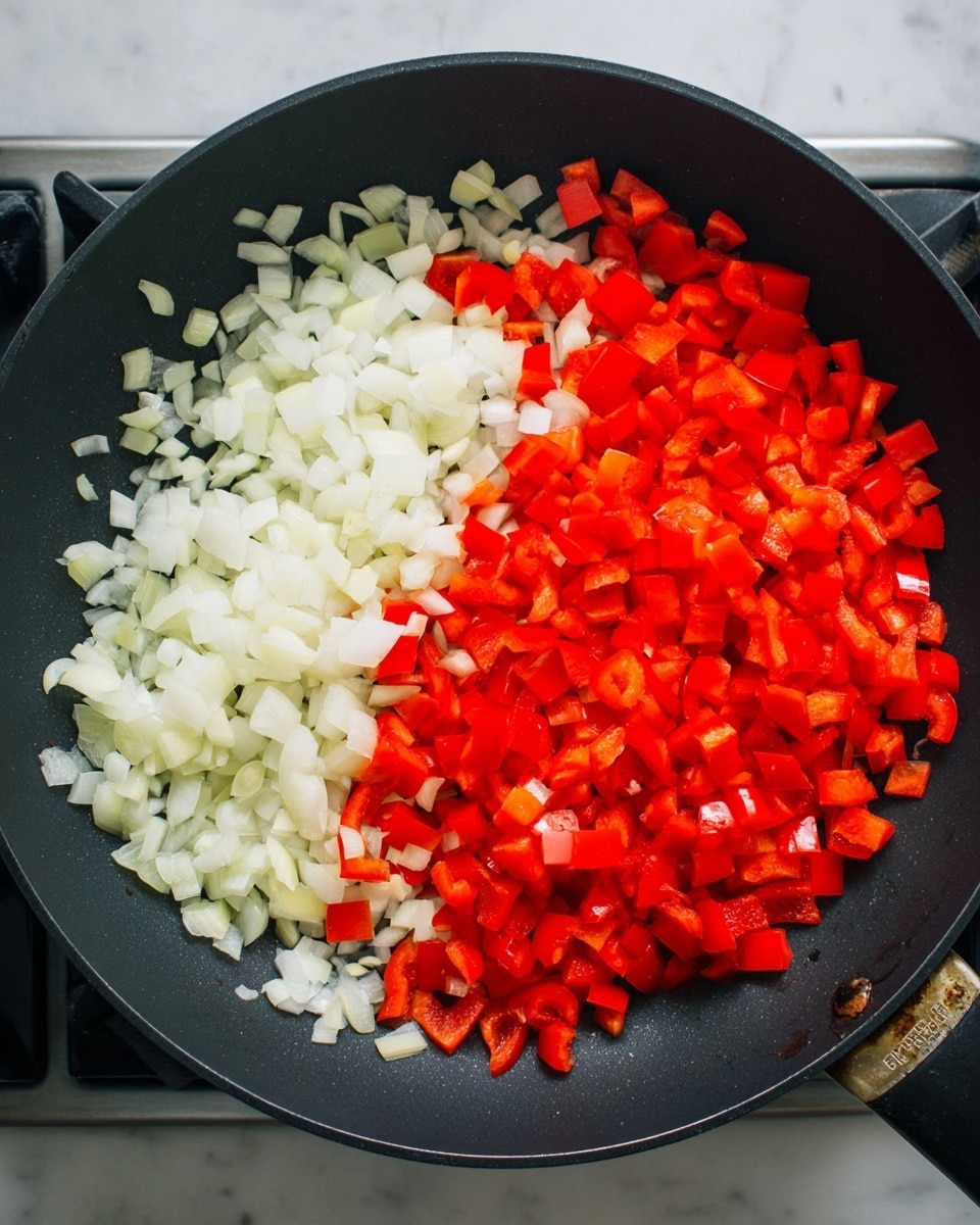 The image shows a black cooking pan filled with two layers of small diced vegetables. On the left half, there is a layer of white chopped onions with a slightly translucent texture. On the right half, there is a layer of bright red chopped bell peppers with a fresh and slightly shiny surface. The vegetables are evenly spread next to each other in the pan, which rests on a stovetop with a white marbled background. Photo taken with an iphone --ar 4:5 --v 7