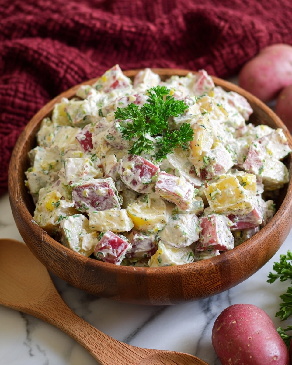 A clear glass bowl holds a creamy potato salad with about three layers of chunky potato pieces. The potatoes have a mix of white and red skin, showing a soft texture inside. The creamy dressing is white with green bits of herbs and small diced celery mixed evenly throughout. Some yellow pieces, possibly small pickles, add extra color. The bowl sits on a wooden surface but the background shows a white marbled texture. A fork is partially visible resting inside the bowl. Photo taken with an iphone --ar 4:5 --v 7