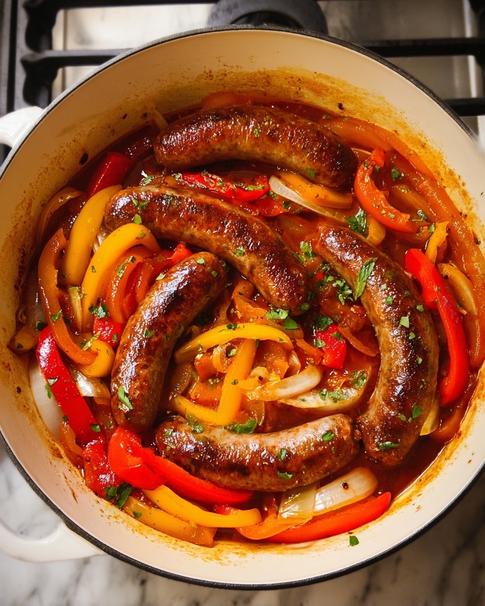A white pot filled with five browned sausages lying on top of and mixed with colorful sliced vegetables including red and yellow bell peppers and white onions, all coated in a rich, glossy reddish sauce with small bits of green herbs sprinkled throughout; the pot is on a stove with a white marbled surface visible around it. photo taken with an iphone --ar 4:5 --v 7