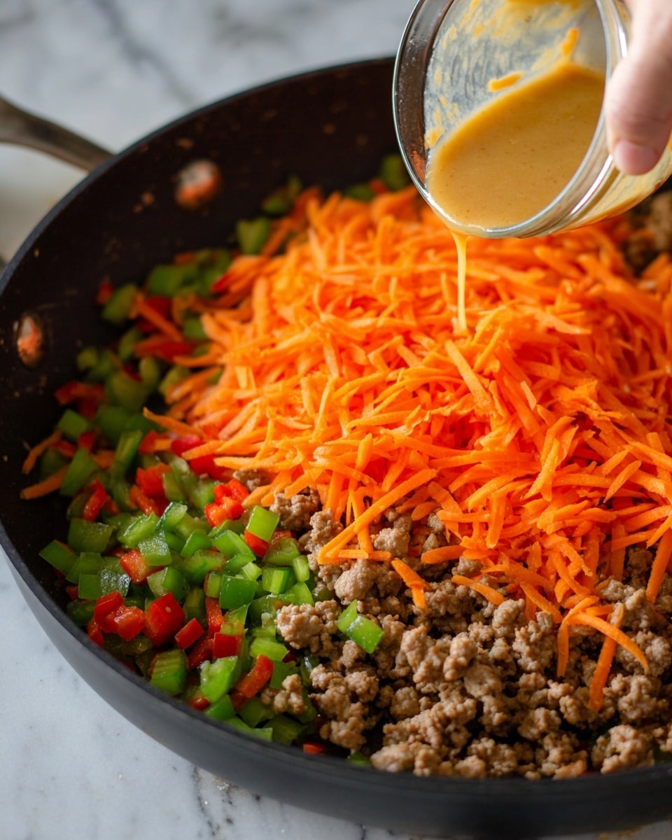 The image shows a black cooking pan filled with three layers of ingredients. The bottom layer is cooked ground meat mixed with chopped green celery and red bell pepper pieces, giving a mix of brown, green, and red colors with a slightly crumbly texture. On top of this is a thick layer of bright orange shredded carrots, adding a fresh and crunchy texture. A woman's hand is seen pouring a light brown sauce from a clear glass bowl onto the carrots and meat mixture. The background and surface are a white marbled texture. Photo taken with an iphone --ar 4:5 --v 7