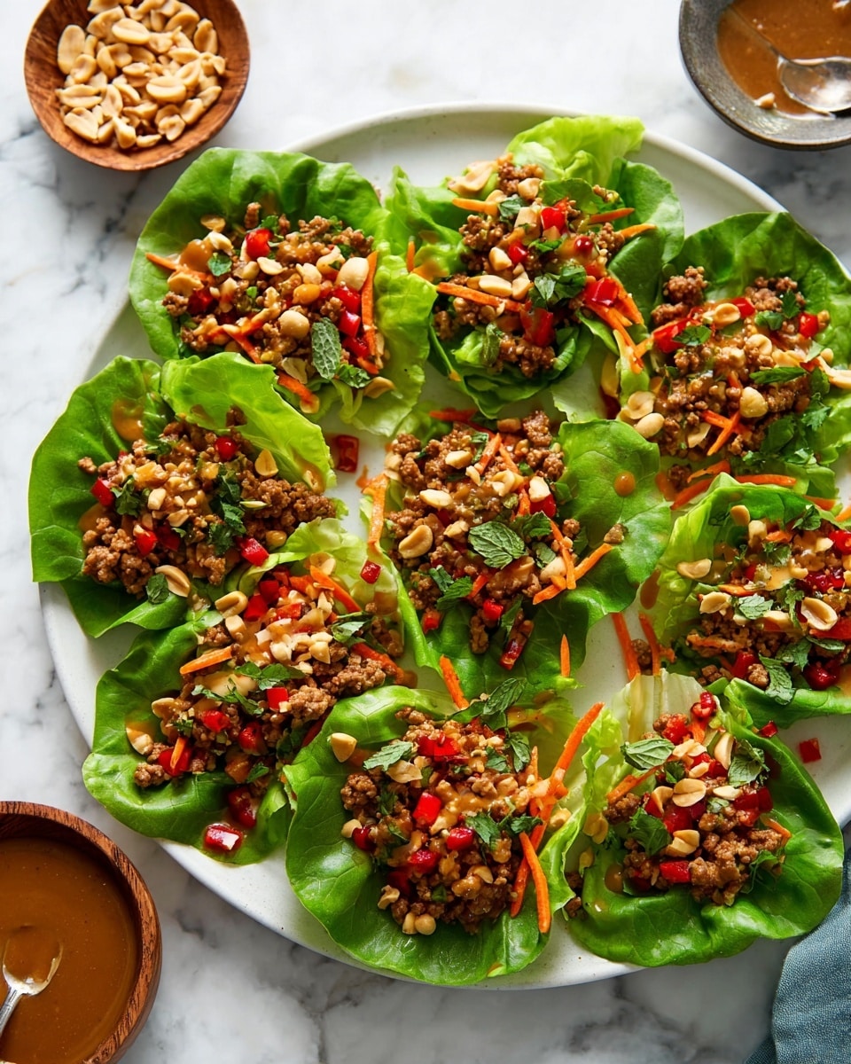The image shows many fresh green lettuce cups filled with layers of minced cooked meat mixed with small chopped red peppers and orange carrot strips, all garnished with light brown chopped peanuts and small bright green cilantro leaves on top. The lettuce leaves form a crisp green base that curves upwards, holding the filling inside, creating a colorful contrast between the green, red, orange, light brown, and bits of bright green herbs. The dish is placed on a white marbled surface. Photo taken with an iphone --ar 4:5 --v 7