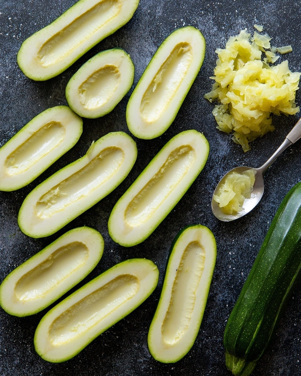 The image shows twelve zucchini halves with light green skin and pale, scooped-out interiors, arranged in three scattered rows. To the right, there is a full zucchini with a dark green skin next to a pile of light yellow zucchini flesh that has been removed, along with a metal spoon that holds some of the scooped-out flesh. All items rest on a dark speckled surface that contrasts with the pale zucchini interiors. photo taken with an iphone --ar 4:5 --v 7