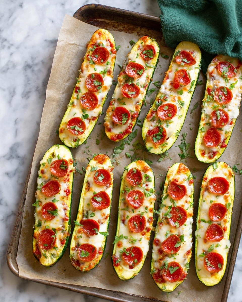 The image shows fourteen zucchini boats arranged on a baking tray lined with parchment paper. Each zucchini is sliced in half lengthwise, creating one layer of green skin with pale green inside flesh visible along the edges. They are topped with a thick, even layer of melted white cheese that covers the zucchini length, slightly browned in spots. Small, round pieces of reddish-brown mini pepperoni are evenly scattered on top of the cheese with some pepperoni slightly sinking into the cheese. The parchment paper beneath has melted cheese spots and light browning from baking. The scene is set on a white marbled surface. photo taken with an iphone --ar 4:5 --v 7