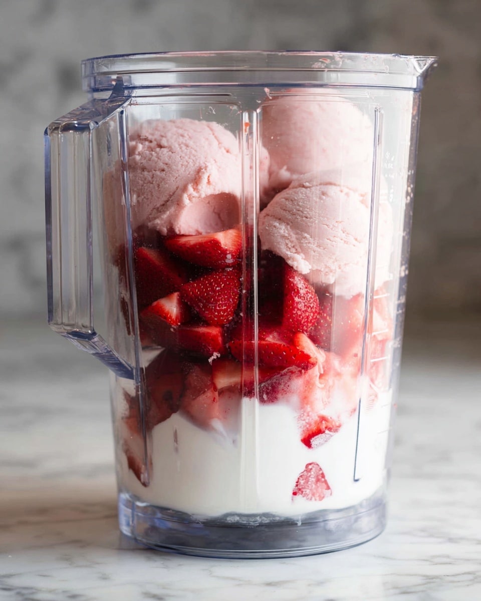 A clear blender container sits on a white marbled surface, filled with three layers of ingredients: a bottom layer of white creamy milk, a middle layer of bright red strawberries with textures showing both whole and sliced pieces, and a top layer of light pink strawberry ice cream scoops, with a soft and creamy texture that slightly overlaps the strawberries below. The blender's clear plastic sides show measurement marks and reflections from the light around it. Photo taken with an iphone --ar 4:5 --v 7