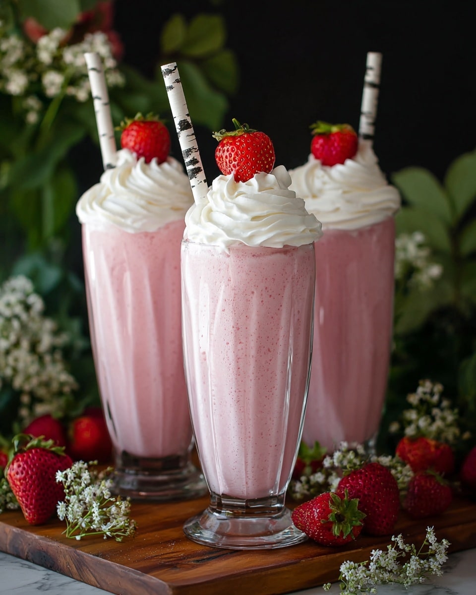Three tall clear glasses filled with a light pink strawberry milkshake with a smooth texture fill most of the glass height. Each milkshake is topped with a thick swirl of white whipped cream, crowned with a bright red strawberry on top, and has a white paper straw with black birch tree bark markings inserted into the whipped cream. The glasses sit on a wooden board placed on a white marbled surface. Around the wooden board are scattered fresh red strawberries and small white flowers with green leaves. The background is dark with blurred green leaves and white flowers. Photo taken with an iphone --ar 4:5 --v 7