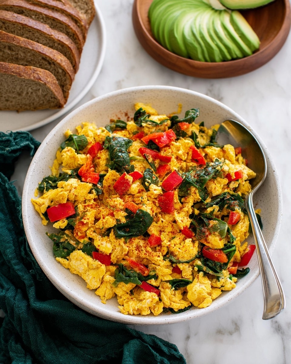 A white speckled plate holds three main parts: on the left, two slices of dark brown toast stacked slightly; next to it on the right, a neat row of thin, bright green avocado slices with smooth texture; and in front, a mix of small, golden-yellow scrambled pieces with red bell pepper chunks and dark green spinach leaves scattered through. A silver fork lies on the bottom left edge of the plate, and a green cloth napkin is placed to the right side on a white marbled surface. photo taken with an iphone --ar 4:5 --v 7