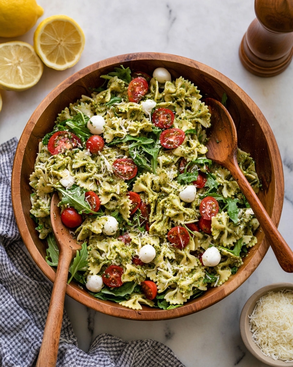 A clear glass bowl filled with a fresh pasta salad. The salad has three main layers mixed together: light yellow bow tie pasta, bright green arugula leaves, and small white mozzarella balls. Scattered throughout are halved red cherry tomatoes, adding a pop of red color. The pasta and arugula are coated lightly with green pesto sauce, giving a slightly shiny texture. A black spoon is partially inserted on the left side of the bowl. The bowl sits on a white marbled surface. photo taken with an iphone --ar 4:5 --v 7