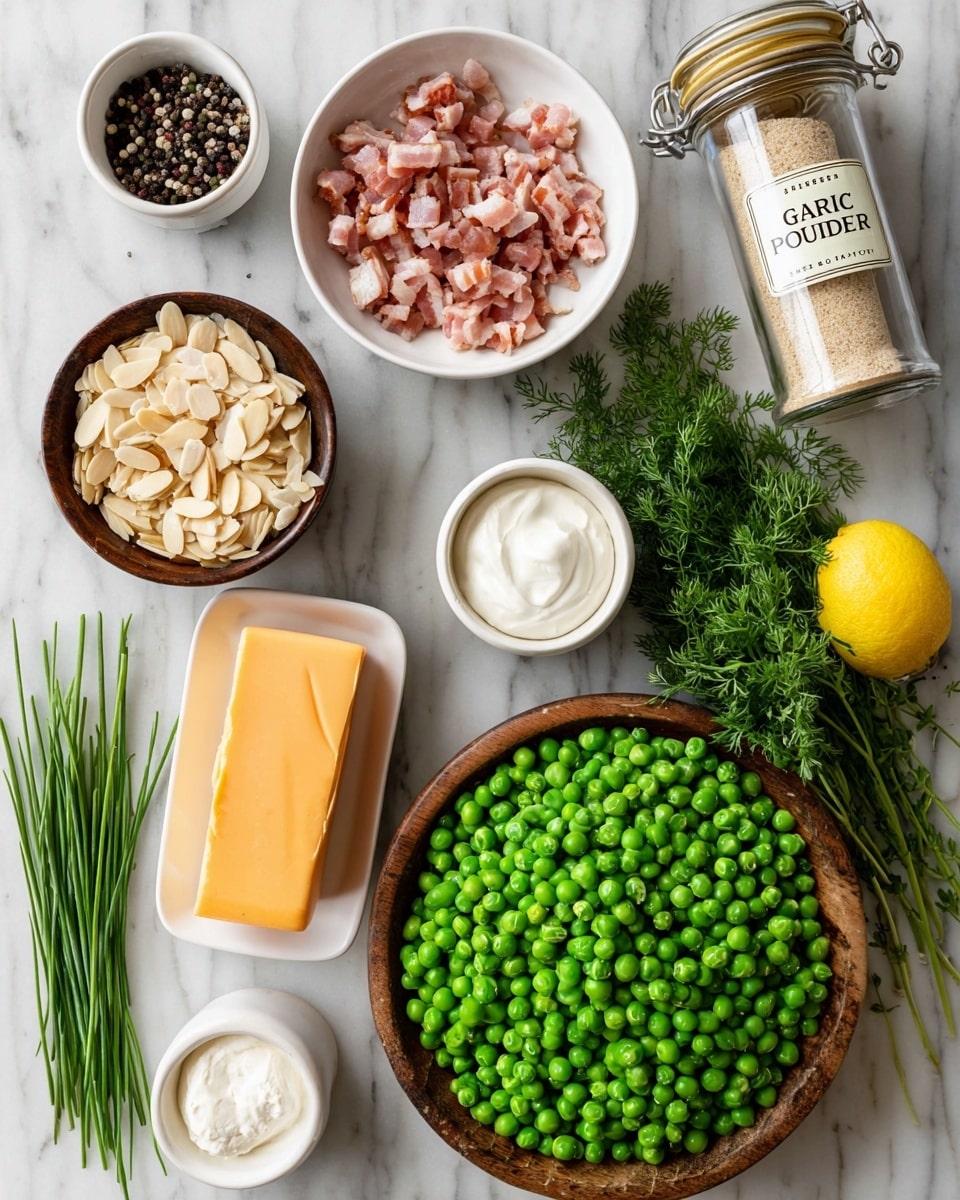 The image shows an overhead view of various cooking ingredients arranged neatly on a white marbled surface. There is a large wooden bowl filled with bright green peas on the bottom right. To the bottom left of the peas is a white rectangular dish with a solid block of orange cheese. Above the cheese is a white round bowl filled with small pieces of raw bacon. Next to the bacon is a small dark wooden bowl containing a white creamy substance, and just above it is another small lighter wooden bowl with a similar white cream. At the top left is a white bowl filled with slivered almonds. In the center top is a clear pepper grinder with black peppercorns next to a tall clear jar labeled “Garlic Powder” filled with beige powder. Through the middle are sprigs of green herbs including chives, dill, and parsley. A bright yellow lemon sits among the herbs. photo taken with an iphone --ar 4:5 --v 7