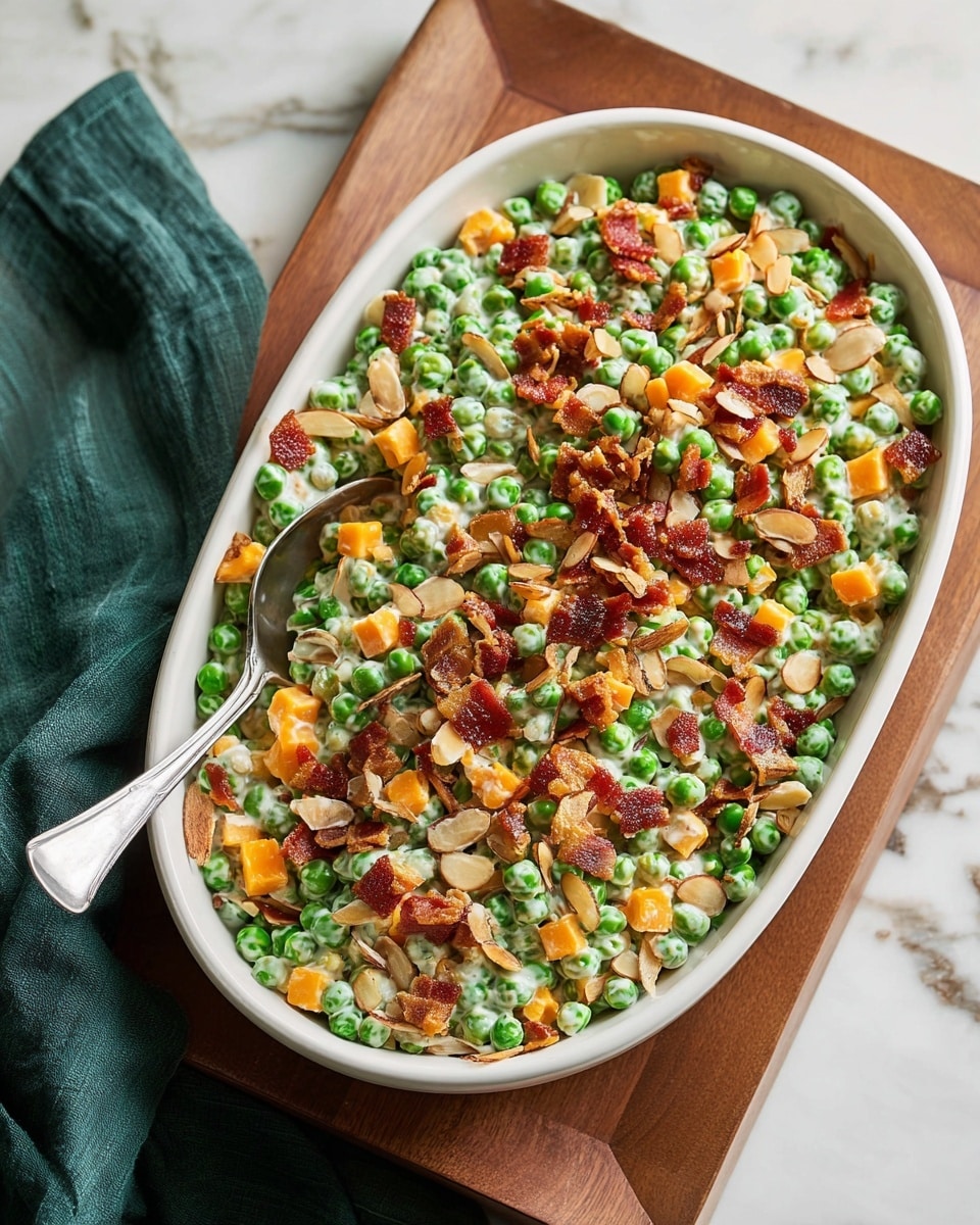 A clear glass bowl holds five separate layers of ingredients arranged side by side: bright green peas with a smooth, shiny texture cover nearly half the bowl; next to them, small pieces of crispy, reddish-brown bacon provide a rough texture; a pile of small orange cheese cubes sits beside the bacon, with a firm and smooth look; pale slivered almonds with a dry, rough surface are next to the cheese; lastly, a dollop of thick white creamy dressing with green herb specks rests next to the almonds. A black spatula is partially placed in the bottom left part of the bowl. The bowl sits on a white marbled surface. photo taken with an iphone --ar 4:5 --v 7