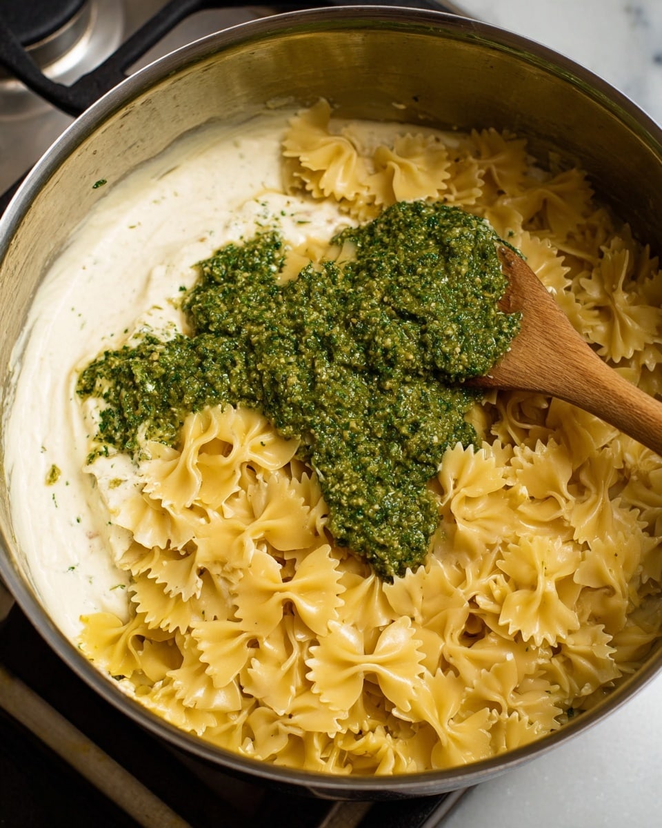 Inside a large shiny metal pot, there is one layer of creamy white sauce at the bottom. On top of the sauce, there is a layer of light yellow farfalle pasta, with its bow-tie shape and smooth texture. Next to the pasta, there is a thick pile of dark green pesto sauce with a slightly coarse texture. A wooden spoon is partly resting in the pot, holding a small amount of pasta mixed with some pesto. The whole pot sits on a stove, but the setting has been changed to a white marbled surface. photo taken with an iphone --ar 4:5 --v 7
