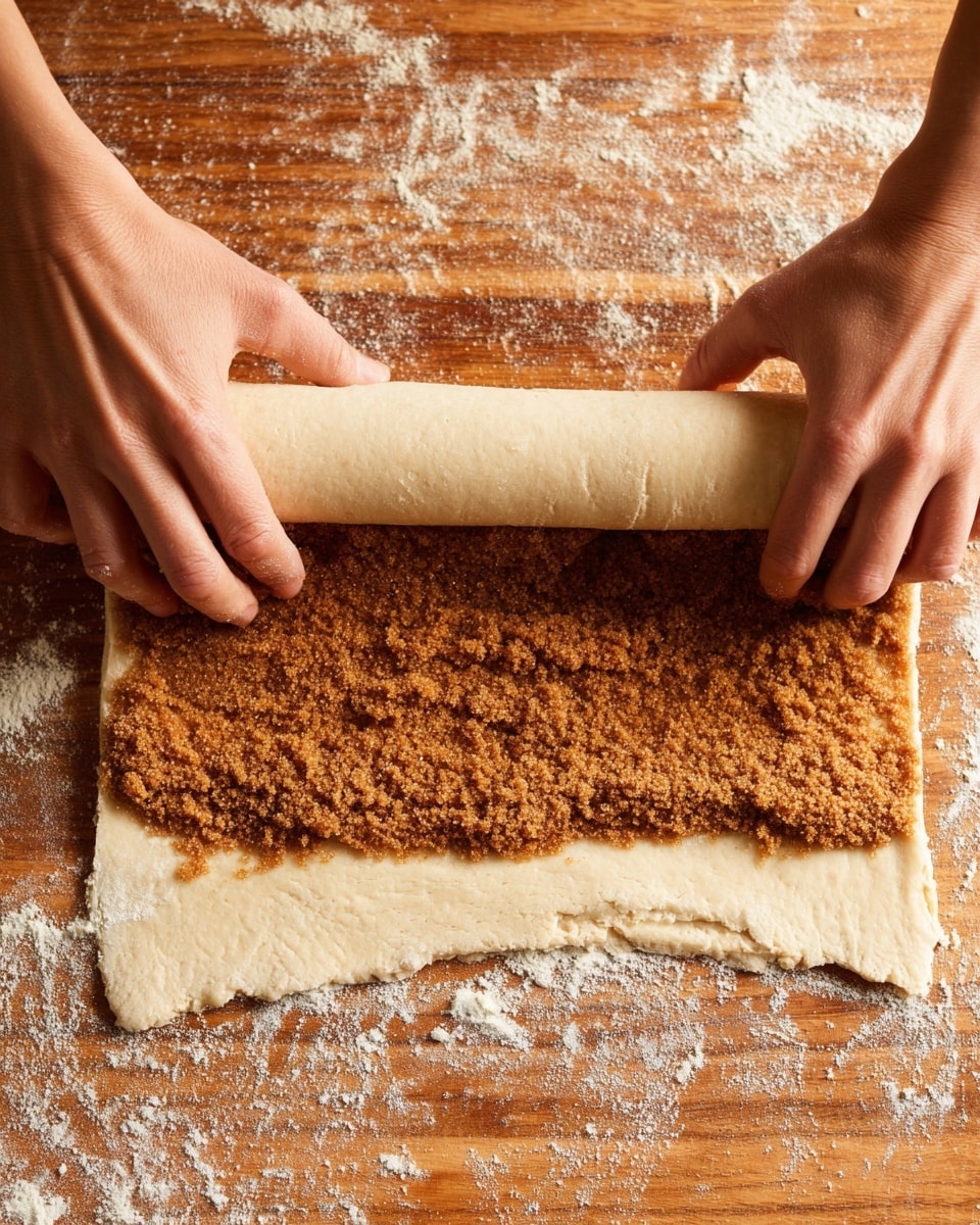 A close-up image shows a pair of woman's hands rolling dough on a floured wooden surface. The dough has a smooth, light beige color and is spread flat in a rectangular shape. A thick layer of cinnamon brown sugar mixture covers most of the dough, leaving a small border at the edge closest to the viewer. The woman's hands are gently lifting and rolling the dough inward from the edge with the filling. The wooden surface beneath has scattered flour all around, contrasting with the smooth dough and textured brown topping. The photo taken with an iphone --ar 4:5 --v 7