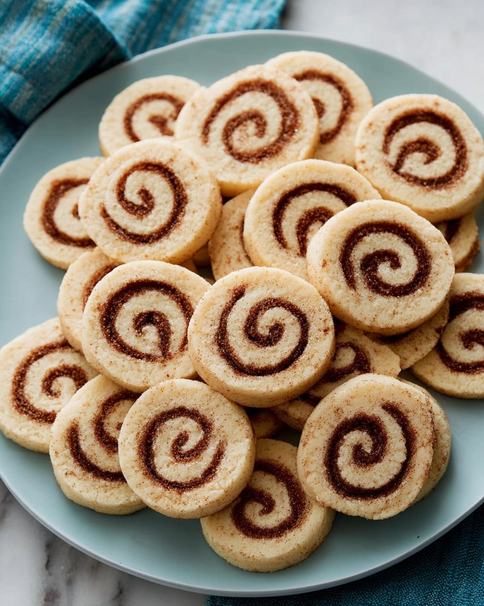 A white plate holds eight round cookies with a light beige base color and a dark brown spiral pattern on top. The cookies are arranged in a stacked, slightly overlapping way. Nearby on a wooden board, there are two additional cookies coated with a white glaze, one split in half to show its soft, layered inside with a light beige and brown swirl pattern. A clear glass and a white bottle filled with milk are partially visible in the background. The whole scene rests on a white marbled texture with a soft green cloth near the plate photo taken with an iphone --ar 4:5 --v 7