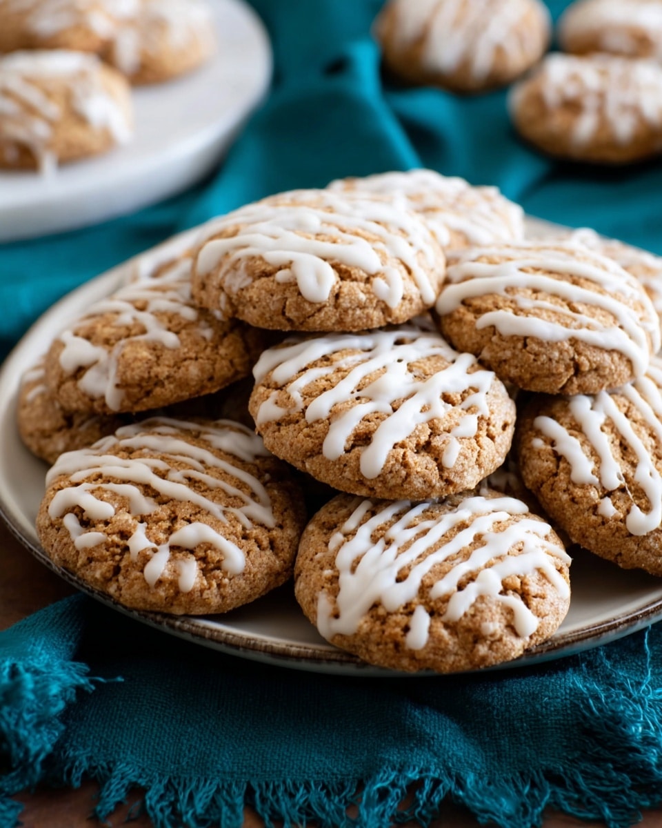 This image shows many round cookies with a light brown base and a white icing glaze that is spread unevenly on the top. The cookies are placed closely together in two layers on a metal cooling rack. The surface under the rack is a white marbled texture. A dark green cloth is slightly visible beneath the rack on the left and right sides. In the lower right corner, a white bowl with the white icing glaze and a silver spoon with some glaze on it rest on the white marbled surface. photo taken with an iphone --ar 4:5 --v 7