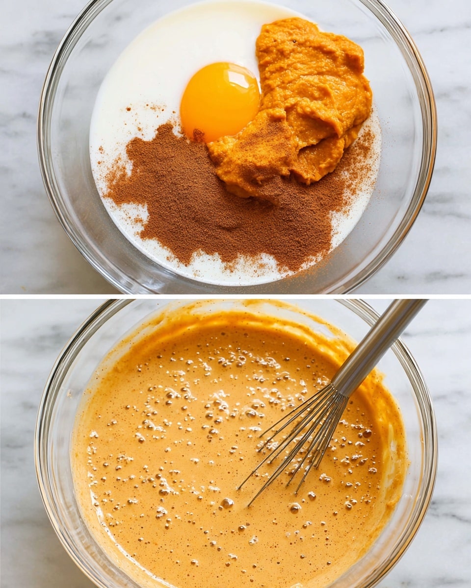Two images show a clear glass bowl on a white marbled surface. In the first image, there are layers in the bowl: a base of white creamy liquid, an egg yolk, a bright orange mound of mashed pumpkin, and a dusting of brown cinnamon powder scattered over the top. The second image shows the same bowl after mixing, filled with a smooth, thick light orange batter with small bubbles, and a metal whisk resting inside. Photo taken with an iphone --ar 4:5 --v 7
