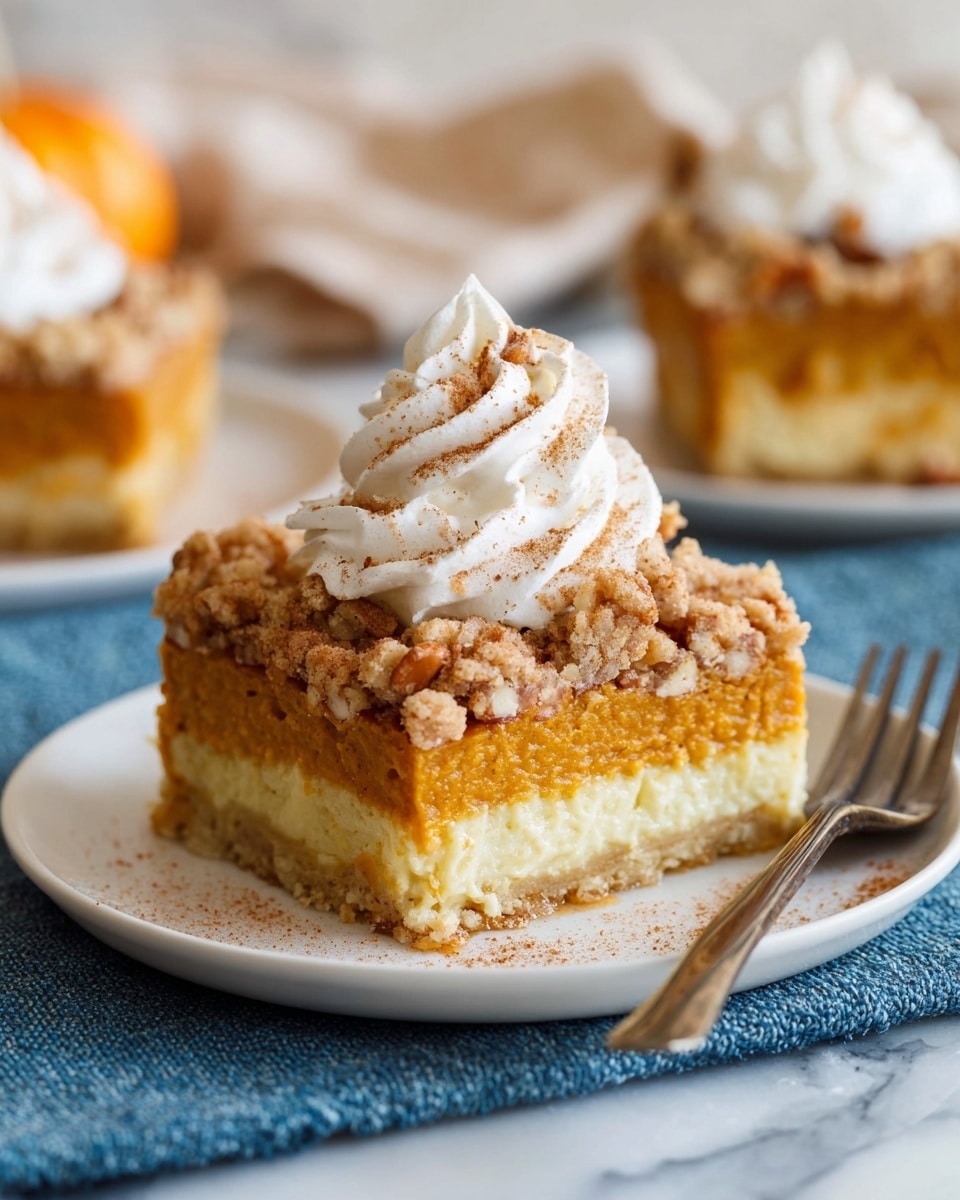 A glass dish holds a baked dessert divided into square pieces, with one piece being lifted by a silver spatula showing its thick, soft texture. The dessert has two layers: a golden orange bottom layer with a smooth, slightly crumbly texture, and a thick creamy layer on top, speckled and covered with a generous amount of chopped pecans that add a rough texture and deep brown color. The dish rests on a white marbled surface with a few small, white and orange pumpkin decorations around it, and a blue cloth partly visible in the background. Photo taken with an iphone --ar 4:5 --v 7