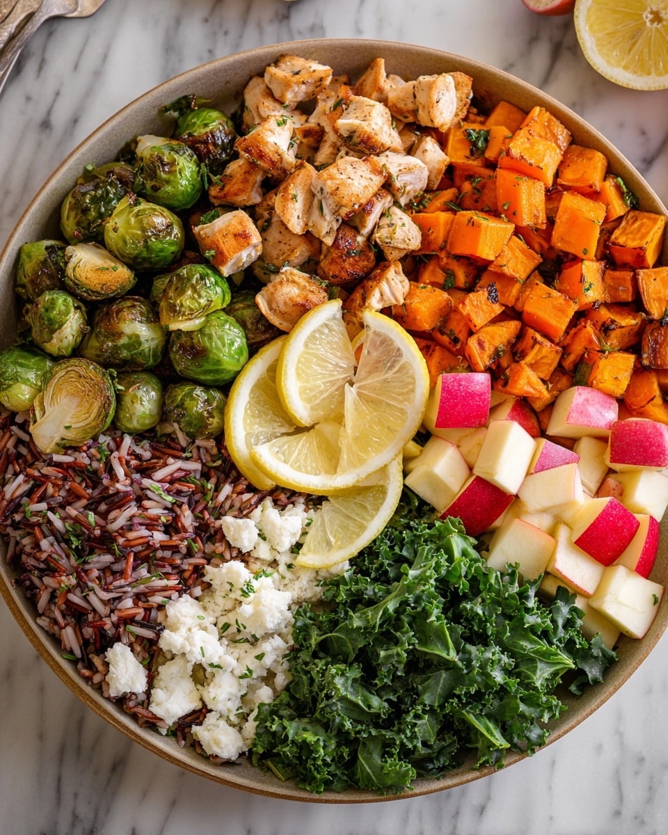 Three white bowls are filled with colorful healthy salad layers, each showing the same arrangement. Starting at the top left and going clockwise, the first layer is grilled diced chicken chunks in light brown tones, followed by orange roasted cubed squash with herbs. Next is a bright red and cream chopped apple layer. Below this is light crumbled cheese in small bits. Next to that is a mixed grain layer in dark brown and purple shades with chopped nuts on top. The last two layers are green curly kale leaves and roasted Brussels sprouts that have a caramelized green and golden color. Each bowl has a lemon wedge placed near the Brussels sprouts. The bowls rest on a white marbled surface with a dark green cloth and fresh apples and lemons beside them. Three silver forks are grouped near the bottom right. photo taken with an iphone --ar 4:5 --v 7