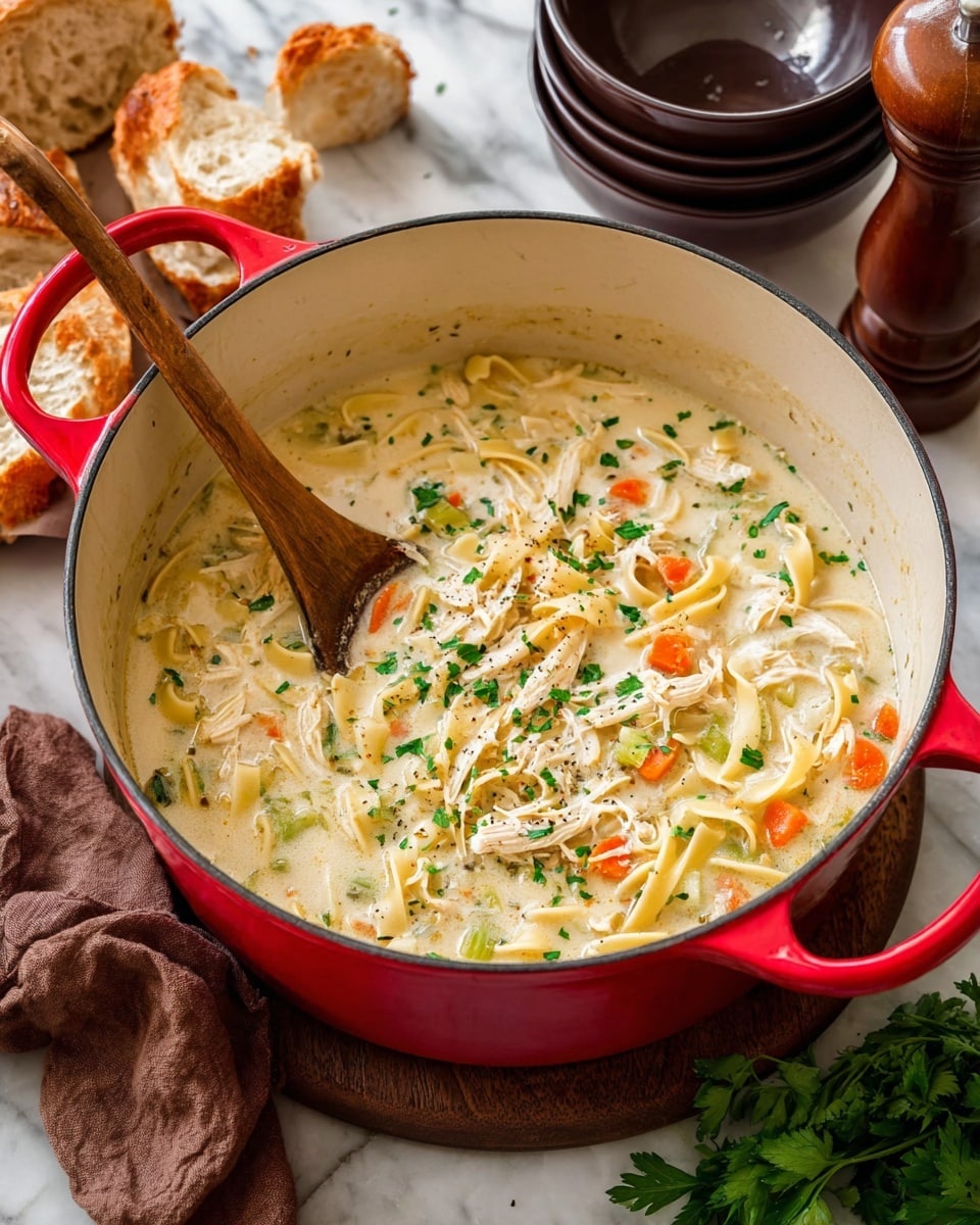 A black bowl holds creamy chicken noodle soup over a light cream base. Inside the soup, there are shredded pieces of white chicken, pale yellow twisted noodles, soft orange carrot cubes, and light green celery slices, all sprinkled with green parsley leaves on top. The bowl sits on a round wooden plate with a silver spoon beside it. Pieces of crusty light brown bread are placed near the bowl on a white marbled surface. In the background, there is a second black bowl with the same soup on a wooden plate, along with a folded dark red cloth and a bunch of fresh bright green parsley. photo taken with an iphone --ar 4:5 --v 7