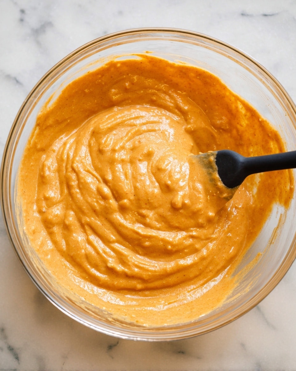 A clear glass bowl filled with thick, smooth orange batter, showing texture with small lumps. A black spatula is partially dipped into the batter, lifting some of it, creating wavy lines with a shiny, creamy look. The bowl sits on a white marbled surface. The photo has soft natural light and a close-up view capturing the bowl from above. photo taken with an iphone --ar 4:5 --v 7