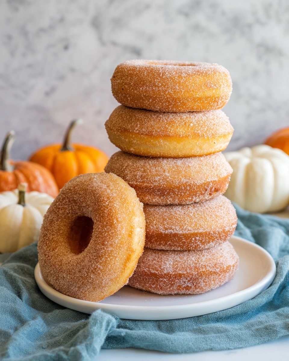 A white speckled plate sits on top of a folded light blue cloth on a white marbled surface, holding three round, sugar-coated pumpkin donuts with a soft orange-brown texture. One donut is broken into two pieces showing its moist interior. A clear glass cup filled with black coffee is placed on the plate, slightly behind the donuts, with condensation inside the glass. In the background, there is a stack of similar donuts and small decorative pumpkins in white and orange colors. Photo taken with an iphone --ar 4:5 --v 7