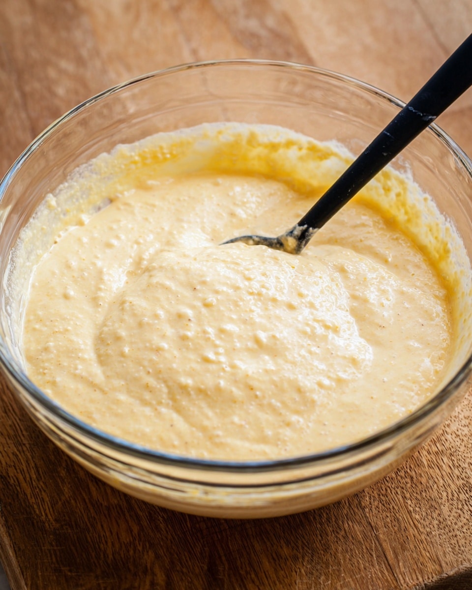 A clear glass bowl filled with a creamy, pale yellow batter that has a slightly lumpy texture. A black spoon is partially dipped into the batter, resting in the bowl. The bowl sits on a wooden surface, and the batter fills most of the bowl’s space, showing small air bubbles and unevenness. The photo's lighting highlights the smooth, thick consistency of the mix. Photo taken with an iphone --ar 4:5 --v 7
