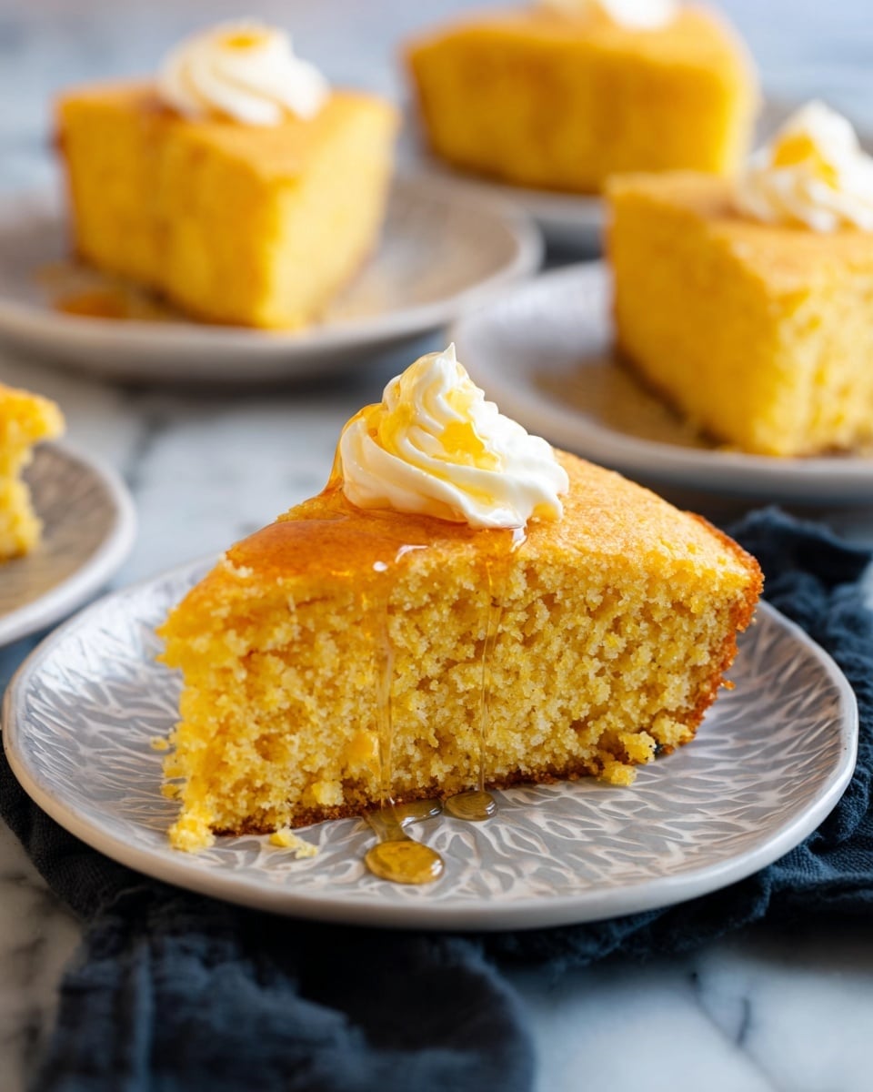 The image shows a skillet with golden yellow cornbread that has a soft and crumbly texture. The cornbread is cut into several triangular slices, with one slice slightly pulled out, revealing the thick and moist inside. Some crumbs are scattered inside the skillet near the empty space. The skillet is placed on a deep blue cloth, and in the blurred background, there is a white plate holding another slice of the cornbread, all set on a white marbled surface. The cornbread has a golden-brown top with a slightly rough texture photo taken with an iphone --ar 4:5 --v 7