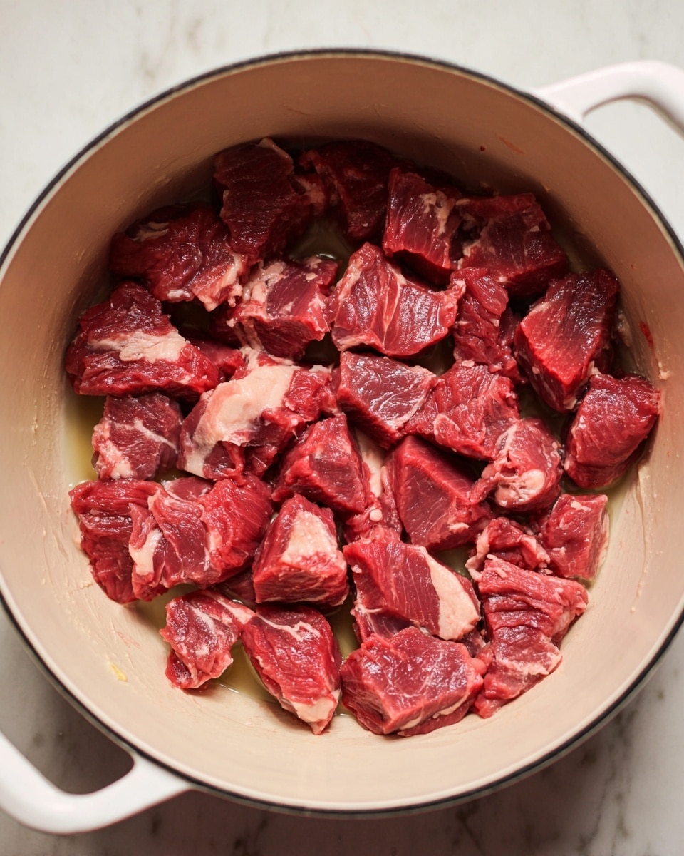 Inside a white pot on a white marbled surface, there are many small pieces of raw red meat spread evenly at the bottom. Each piece is deep red with some light pink and white fat visible, giving a fresh and slightly marbled look. The pieces are irregular in shape but roughly similar in size, and they fill the pot in a single layer without stacking. The pot's interior is smooth and cream-colored with some light browning marks near the edges showing slight cooking. photo taken with an iphone --ar 4:5 --v 7