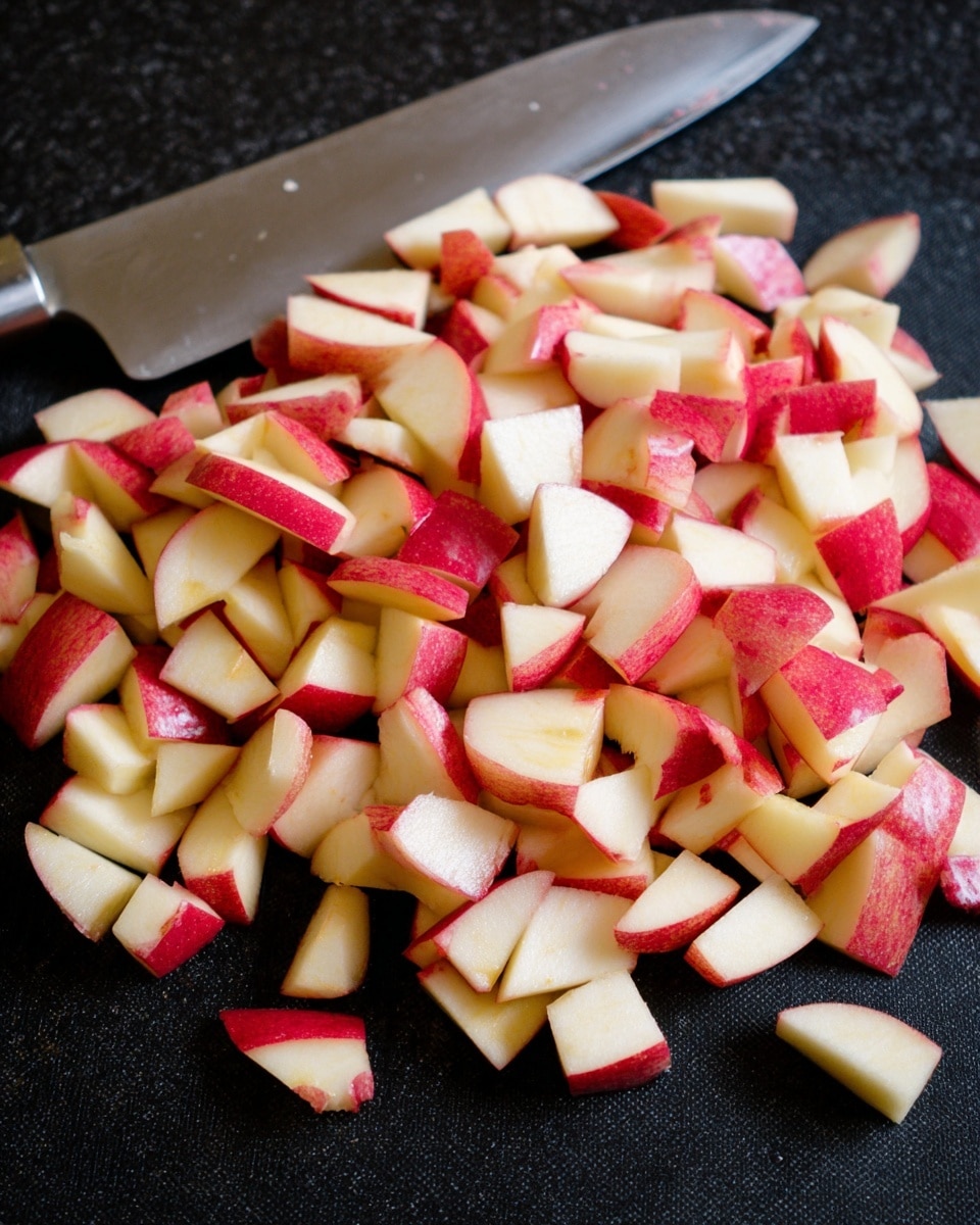 A close-up view of many small pieces of red apple with white inside, spread in one layer on a black cutting board. The apple pieces have smooth red skin edges and sharp white flesh, with different shapes like squares and triangles. A silver large knife with a black handle is lying next to the apple pieces on the left side. The background shows a dark but plain surface. photo taken with an iphone --ar 4:5 --v 7