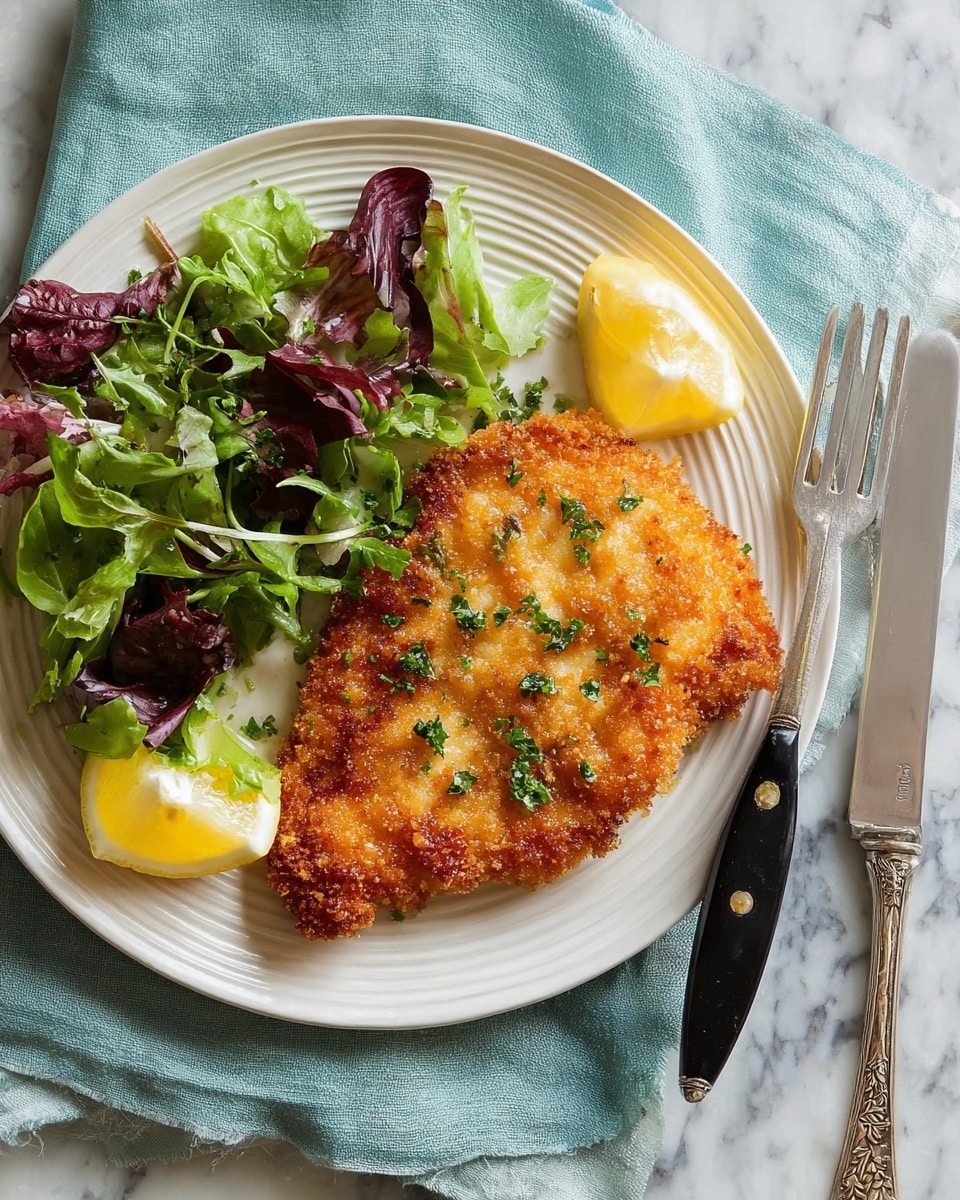 The dish shows four golden brown, crispy breaded pieces layered in a slightly overlapping way on a white oval plate. Each piece has a crunchy texture with a sprinkled green herb on top. Around the edges of the plate, there are four lemon wedges, adding bright yellow color and freshness. Fresh green parsley leaves are placed near the center and edges for garnish. The plate is set on a light blue cloth over a white marbled surface, with two wooden pepper and salt grinders in the background, and a silver fork nearby. photo taken with an iphone --ar 4:5 --v 7